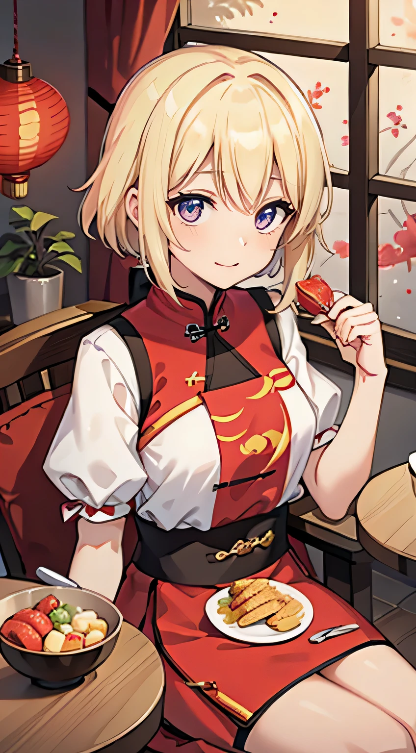 alice magtroyd,Chinese new year style background, happy, elegant, Sit at the table, food on the table, Fireworks outside the window, charming女孩, charming, blond,Change
