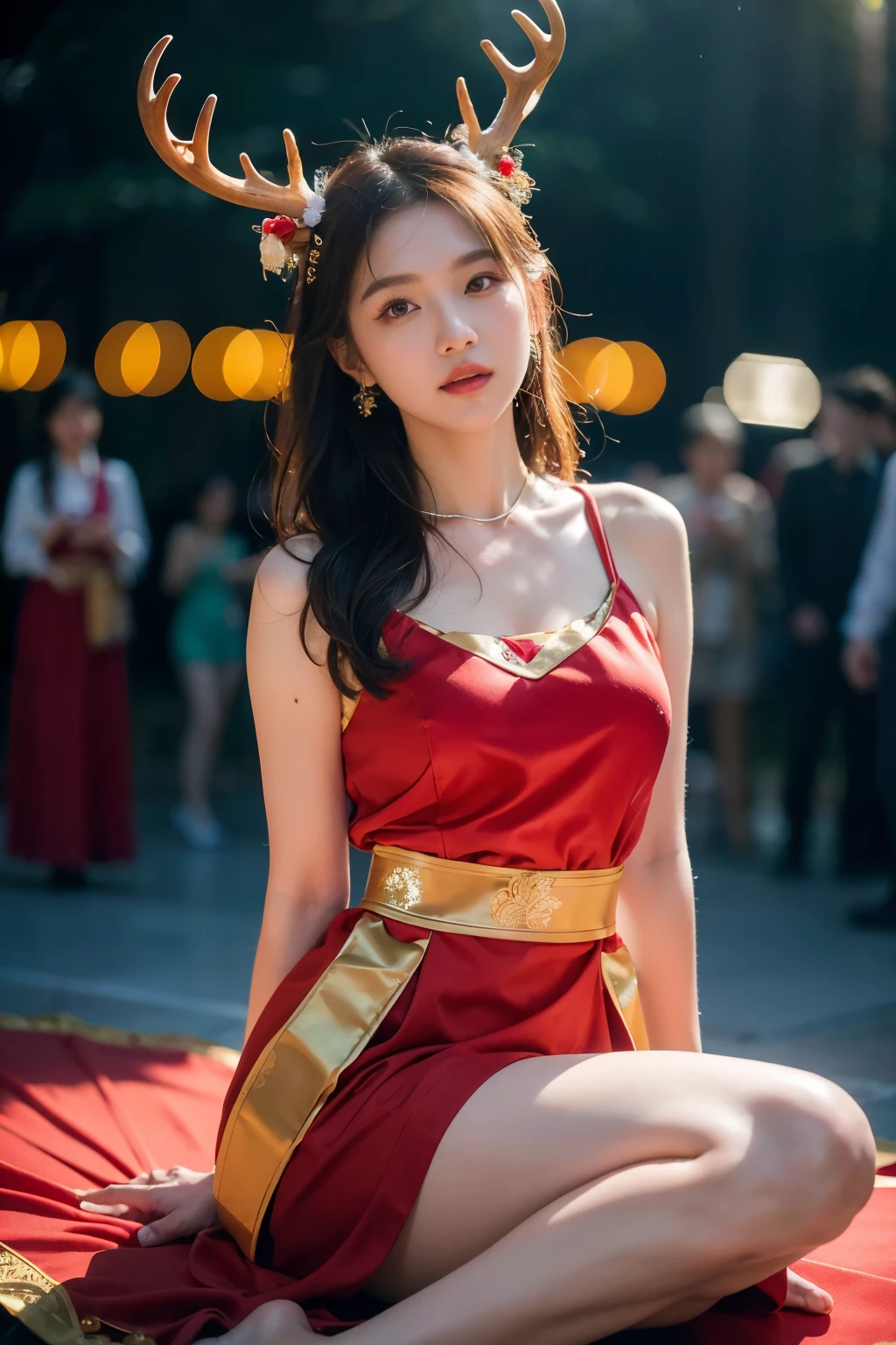 (8k, original photo, best quality, masterpiece:1.4), ultra high resolution, (actual, photo-actual:1.48),Ortosa,1 girl,(kpop idol), (Egiosar:1),Lovely, (super Bokeh 白天,Chinese New Year,ancient building center:1.25), Bokeh, rain, after rain, wet, professional lighting, detailed lighting, photon mapping, Radiosity, Physically based rendering,, backlight, depth of field, natural lighting, hard focus, film grain, One meter shooting distance, Professional photography, Shot with a Sony a9 II mirrorless camera, delicate eyes, actual eyes, Detailed shadows, looking at the audience, Deer antlers, detailed lighting, Red traditional costume, Raise your legs high, black Raise your legs high, (Detailed hair, actual hair, actual lighting, actual shadow, actual outfit), actual skin,, actual reflection of light from above, ((Put your arms behind your back)),(Put your hands behind your back),