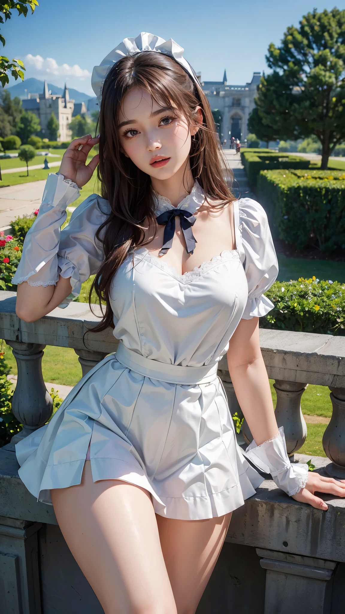 ( highest quality、8K、masterpiece、realistic:1.3 )、 1 woman、( A garden with a classical and prestigious castle in the background )、( Very high quality deep background : 1.2)、nature bright sunlight、blue sky、brown hair tied up、beautiful woman with perfect figure: 1.4、Highly detailed face and skin texture、detailed eyes、double eyelid、very far away : 1.2 、I can see the whole body、white maid、White maid headband、ruffle blouse、ribbon tie、apron、high heels 、 ( A pose that lifts up the skirt and shows panties : 1.3 )、Show lace underwear : 1.2。