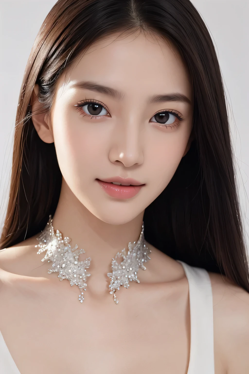 High resolution、、no makeup、long neck、8k、Close-up image of a face、high nose、long jaw、narrow eyes、white skin、intellectual beauty、clear eyes、transparent skin、daily life、smile、real photos、thin lips、National beautiful girl、Glittering lighting