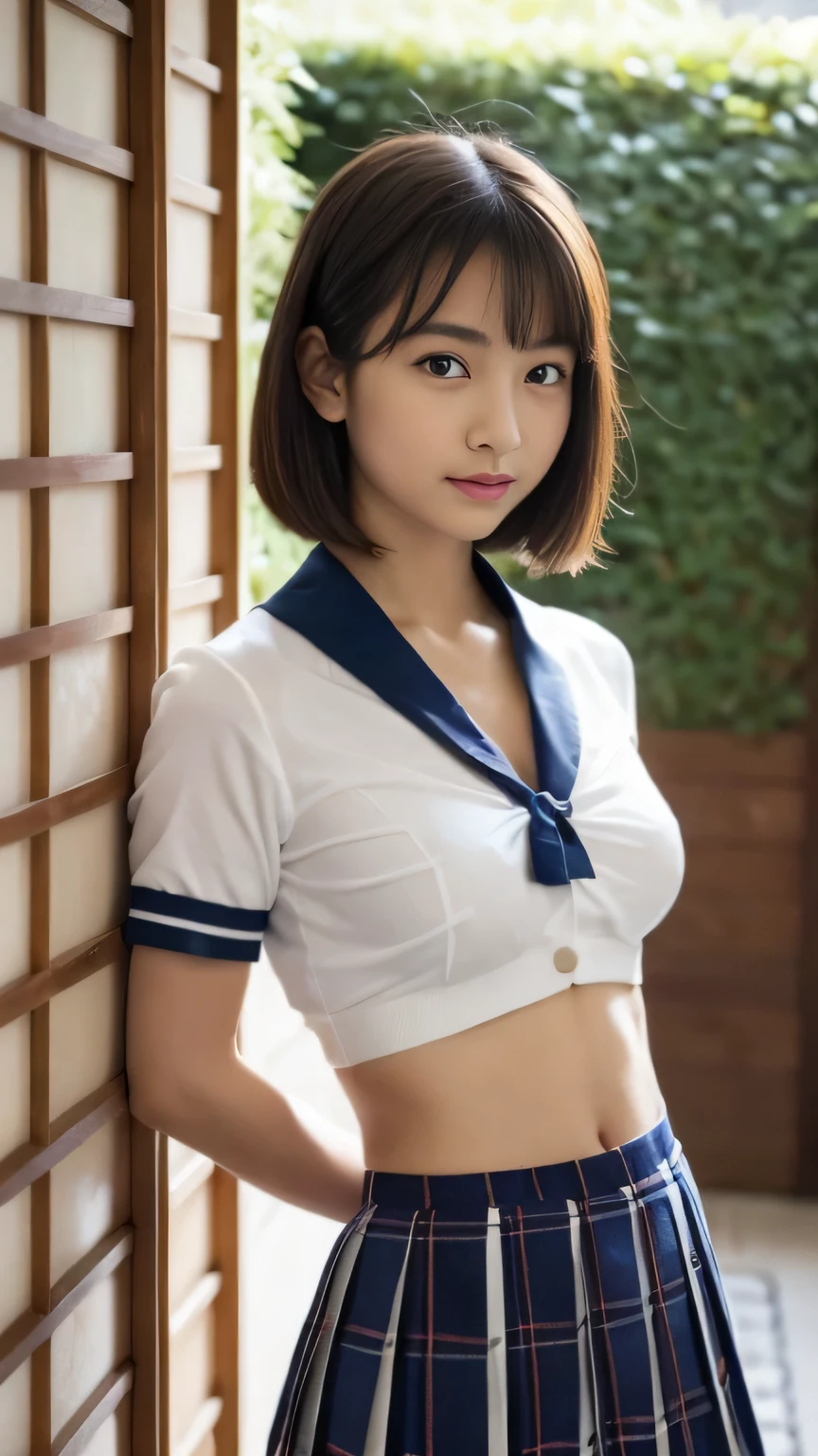 staring at the viewer shyly, from outside, Lens 135mm f1.8,(Best Quality),(masutepiece:1.1), (Beautiful 14 year old girl),japanaese girl, Cute face, ((flat chest)), (Small breasts), (Chiseled face:0.7), (hitornfreckles:0.6), Cute lips, Dappled sunlight, Dramatic Lighting, (Japan school uniform), (in a school), ((photo from the waist up:1.2))、Are standing、The body is facing the viewer、cute , ((not wearing underwear、no_bra)), ((dark blue Plaid Pleated skirt:1.2))、(Super mini skirt that doesn't hide your thighs)、thighs、Photo from thighs up、 (((White) short-sleeved shirt:1.1))、((Shirt with an open neckline that shows cleavage))、(((Super short shirt that shows your abdomen)))、Navel exposed、Thigh out、14year old,no_NSFW, Staring at the viewer,