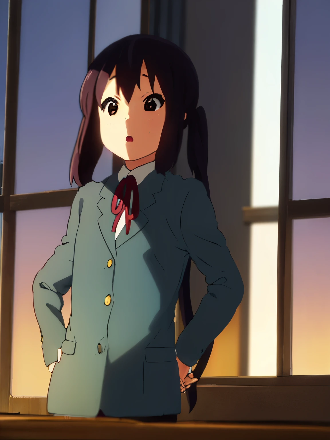 1girl, (((​masterpiece))), top-quality, top-quality, High Details, nakano azusa, 1girl, Sakuragaoka High School Uniform, student clothes, Twin-tailed, length hair, A dark-haired, brown-eyed, 独奏, reddish, Dark blue blazer with thin red ribbon, Solid white buttoned shirt under blazer, illustratio, comic strip, soothing tones, Subdued Color, Soft cinematic light, adobe lightroom, photolab, HDR, intricately and hyper-detailed、(((depth of fields))))。(((​masterpiece)))。(((top-quality))).)((ultra-detailliert)))。(((illustratio)))。(((takeout))).dynamic focus.big breasts.(((Skyscrapers))).(((A city scape))).(((Face of sadness))). open mouth.(((put hands on the hip))).(((up chest))).((evening glow)).((the setting sun)).