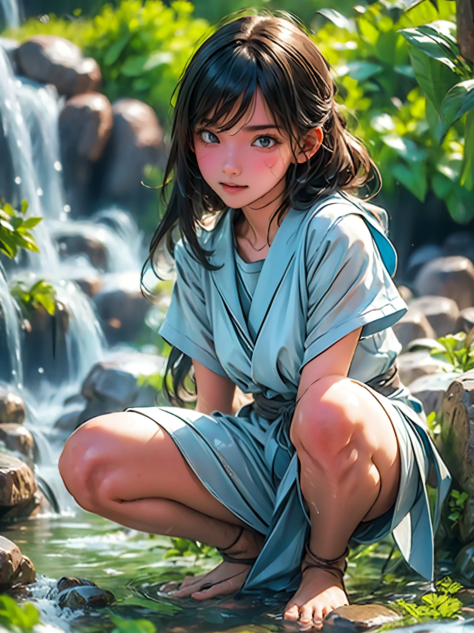 (Top Quality, 8K, High Resolution, masterpiece:1.2), ultra-detailed, realistic, physically based rendering, HDR, colorful lighting, A girl squatting in a stream and splashing water on herself, full body, from below, splash, fractal art, wet body, summer