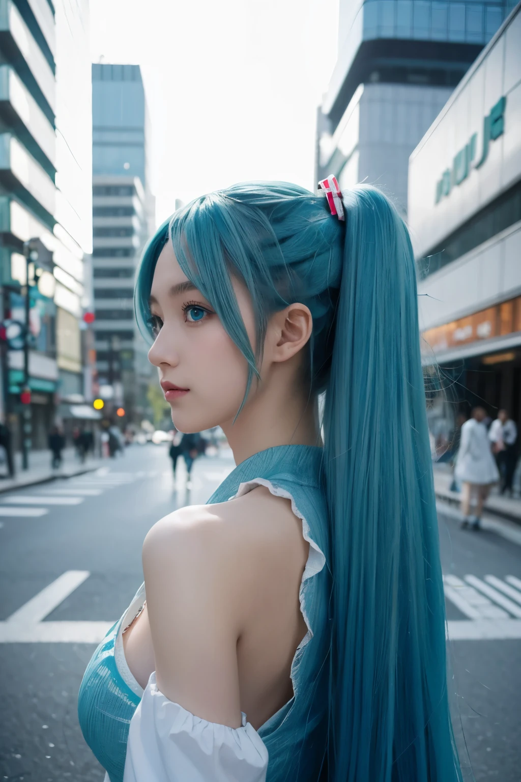 a girl, hatsune miku hair, realism, blue hair, blue eyes, best quality, masterpiece, in the city of Tokyo, Japanese, hatsune miku cosplay 