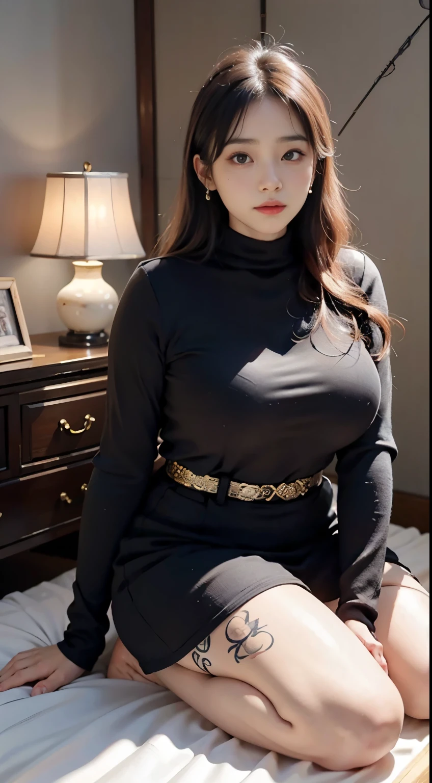 there is a woman sitting down with a longest brown hair, bbwchan, thicc, brown hijab outfit, brown hairstyle model, korean girl, korean woman, wearing brown robe, full length shot, alluring plus sized model, japanese goddess, clothed in hooded, voluptuous and arousing, portrait shot, curvy model, voluptuous body, wonderful, nene tanaka body , bbwchan, The overall atmosphere is smooth , haunting illustrations, extremely high-resolution details, photographic, realism pushed to extreme, fine texture, 4k, ultra-detailed, high quality, high contrast, red sneakers , cold atmosphere ,, cold atmosphere ,, ((Detailed texture of tattooed skin)), tattoo round breasts, irezumi tattoo style, tattoo on breasts, tttattoo, showing her thigh , tattoo on thigh, a close up of a woman with tattoos on her body, inked, tattooed body, fully tattooed body, tattooed, full-body tattoos, full - body tattoos, , full body tattoo, with tattoos, , tattoos, tattoos all over the skin, tattoos and piercings, ((Neka: 0.45)) LoRA, {{大哥的纹身女人 Iremuzi tattoo style v1.0: 0.91}},, {{{Shiny Chubby Girl Lora v1.0 : 0.41}}}