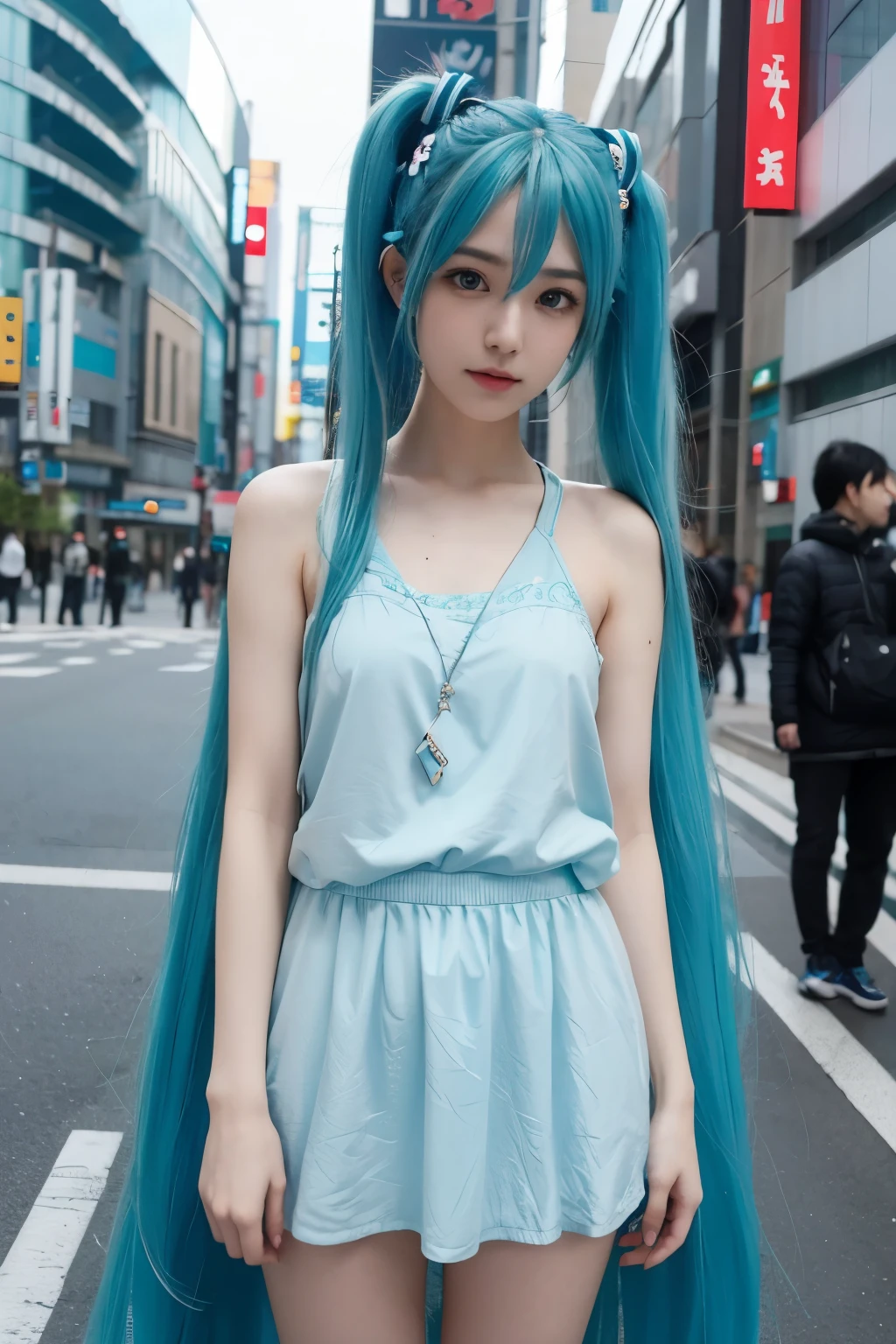 a girl, hatsune miku hair, realism, blue hair, blue eyes, best quality, masterpiece, in the city of Tokyo, Japanese, hatsune miku cosplay