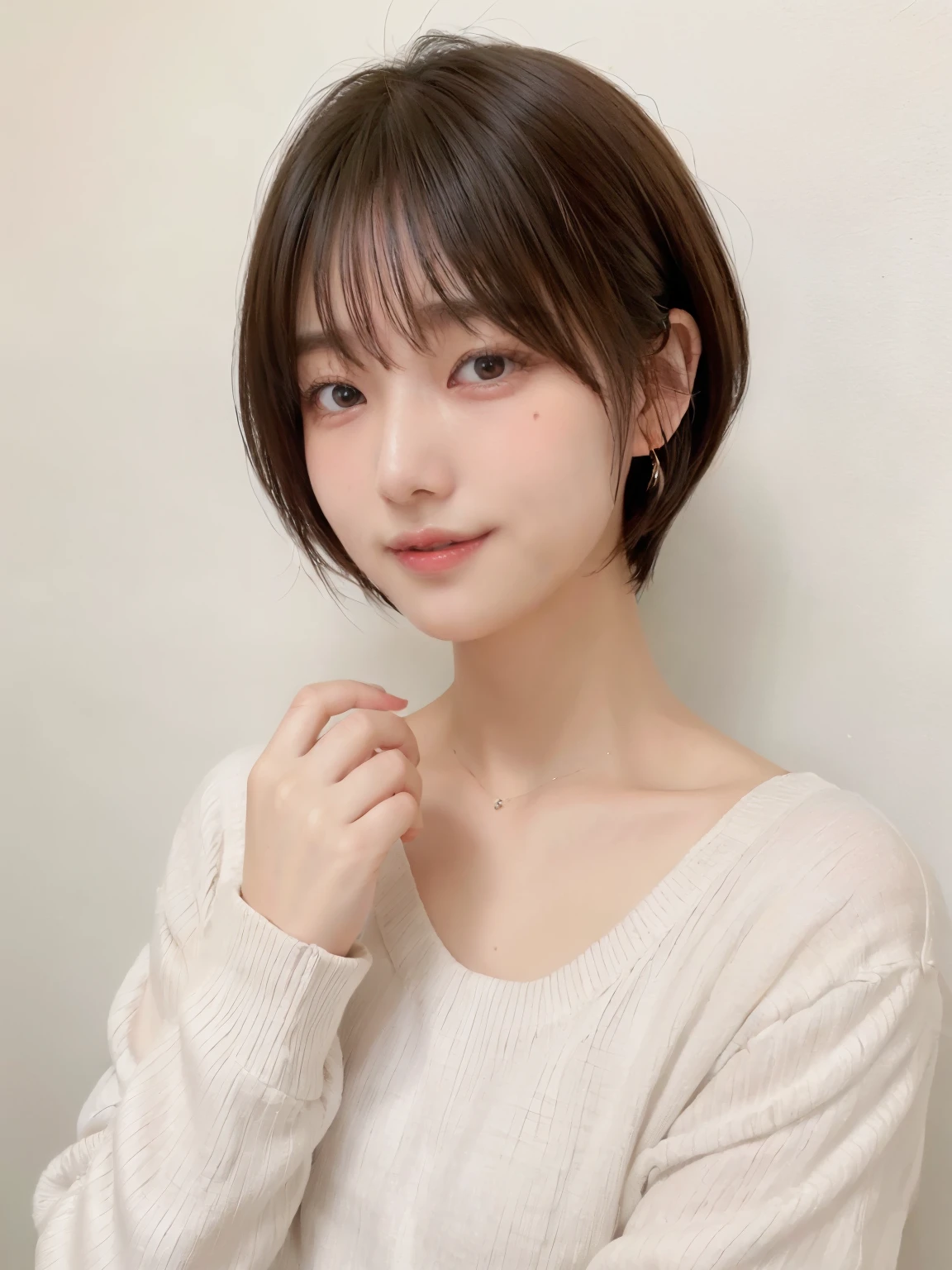 (highest quality、8K、32K、masterpiece、nffsw:1.2)、Photo of a beautiful Japanese woman in her 30s、mature woman、very short hair、short hair、shortcut、Upper body、necklace、shot from above、Don't look at the camera、(realistic、Photoreal:1.37)、1 girl、Shot in natural light、Physically based rendering、excellent image quality、High resolution、1080P、(Detailed facial description)、(Detailed explanation of hands)、(Detailed CG)、Rich details、(exquisite features)、(best image quality)、(masterpiece)、(fine eyes)、delicate clavicle、Versatile poses、profile、white wall、Taken in front of the white door、(窓のあるwhite wallの部屋)、earrings、laughter、Spring clothes、((Long sleeve dresses))