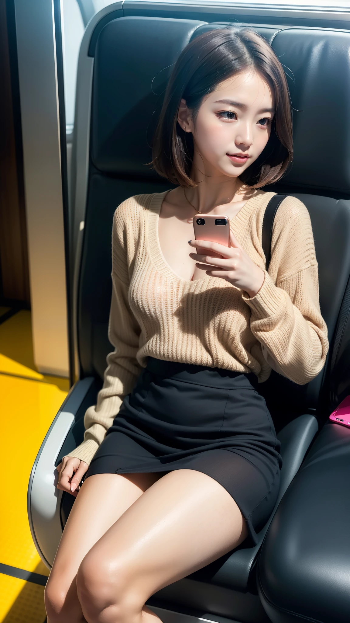 laughter:1.5、I can see her small white panties:1.5,Brown hair short cut with side waves:1.5,casual sneaker wear:1.5,Sitting in a train seat:1.5,Holding a smartphone in one hand,Wearing a super super super super mini skirt,Wearing an open-chested knit sweater,looking away:1.5,Bottom Angle,