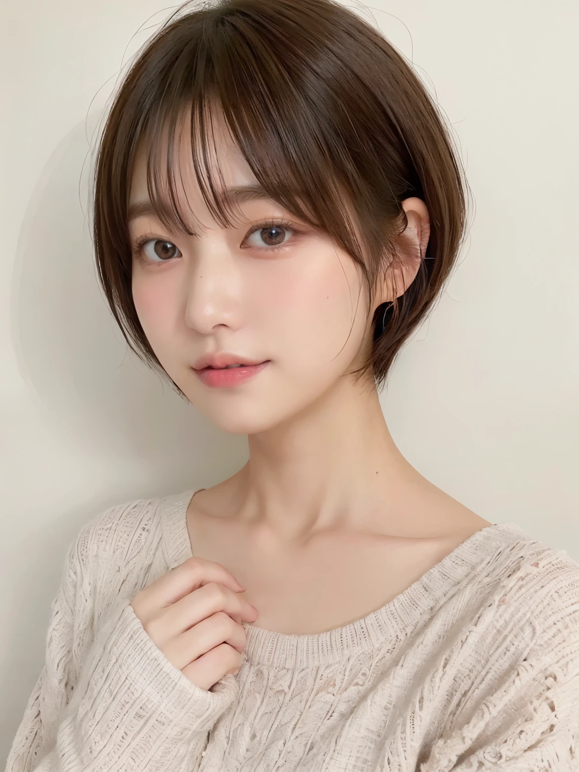 (highest quality、8K、32K、masterpiece、nffsw:1.2)、Photo of a beautiful Japanese woman in her 30s、mature woman、very short hair、short hair、shortcut、Upper body、necklace、shot from above、Don't look at the camera、(realistic、Photoreal:1.37)、1 girl、Shot in natural light、Physically based rendering、excellent image quality、High resolution、1080P、(Detailed facial description)、(Detailed explanation of hands)、(Detailed CG)、Rich details、(exquisite features)、(best image quality)、(masterpiece)、(fine eyes)、delicate clavicle、Versatile poses、profile、white wall、Taken in front of the white door、(窓のあるwhite wallの部屋)、earrings、laughter、Spring clothes、((Long sleeve dresses))