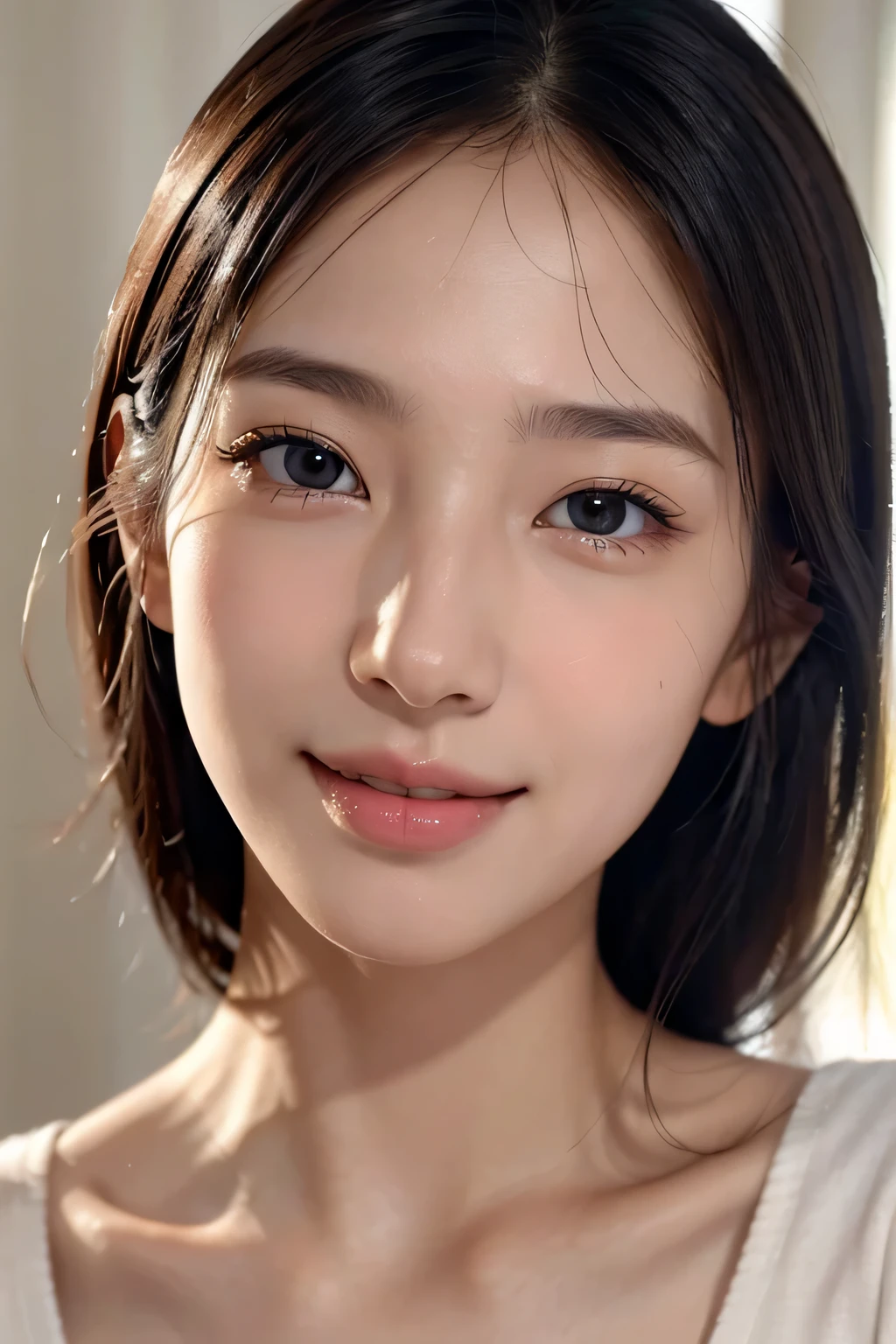 High resolution、、no makeup、long neck、8k、Close-up image of a face、high nose、long jaw、narrow eyes、white skin、intellectual beauty、clear eyes、transparent skin、daily life、smile、real photos、thin lips、National beautiful girl、shortcut