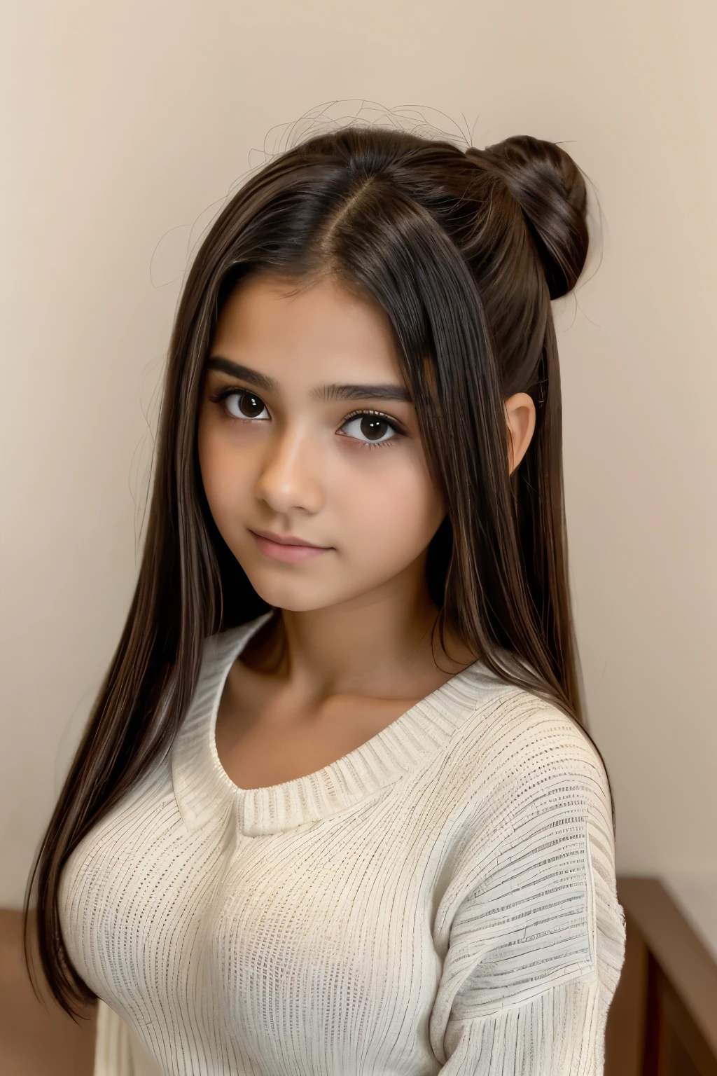 masutepiece、top-quality、hight resolution、Eleonora Pavinato, , Youngest headshot in the room sweter z dużym dekoltem you can see big breasts Beautiful bust Pakistani girl Black hair Bun hair (((Beautiful firm 40C round breasts))) are big comb oczami seksowna