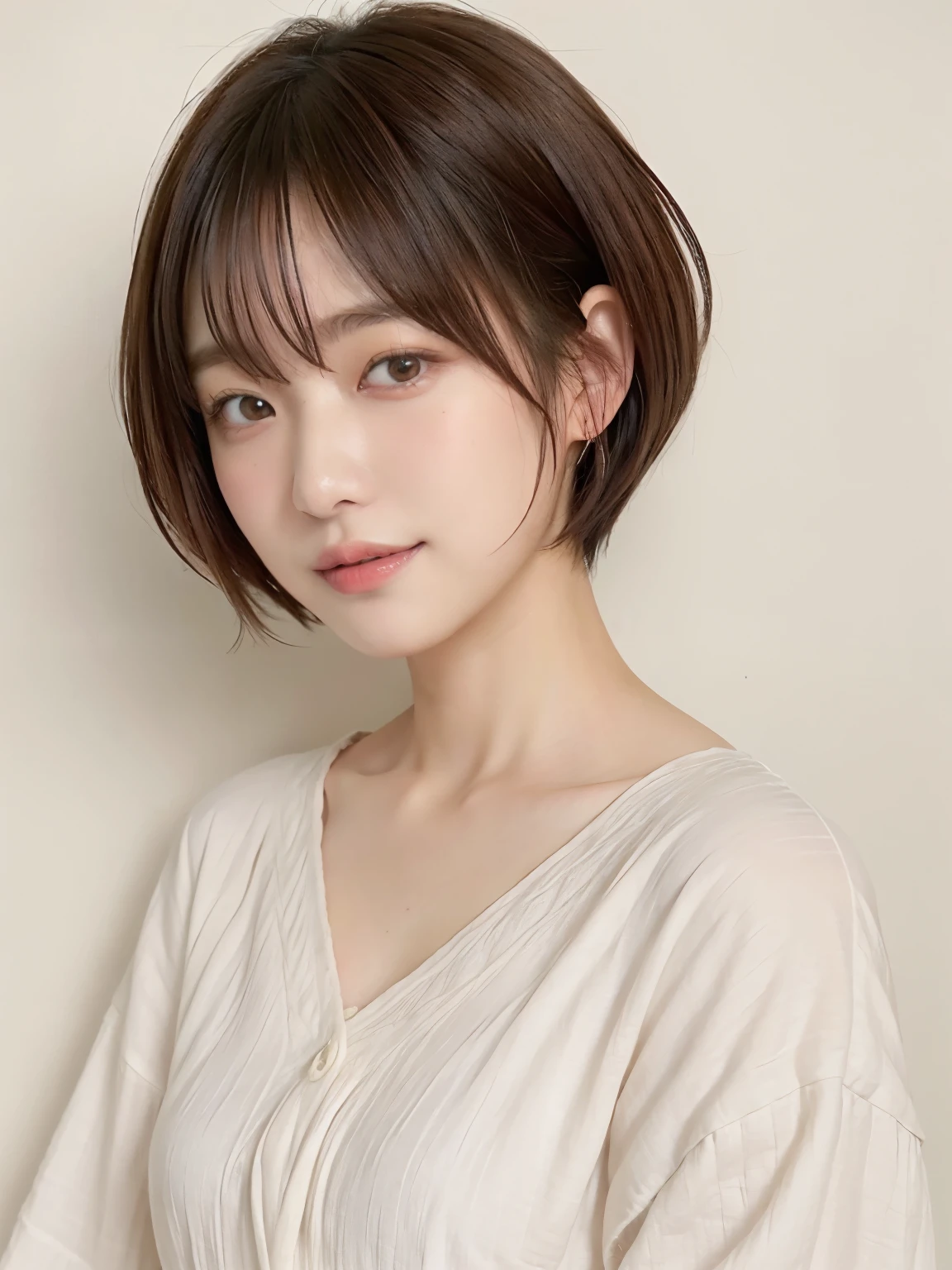 (highest quality、8K、32K、masterpiece、nffsw:1.2)、Photo of a beautiful Japanese woman in her 30s、mature woman、very short hair、short hair、shortcut、Upper body、necklace、shot from above、Don't look at the camera、(realistic、Photoreal:1.37)、1 girl、Shot in natural light、Physically based rendering、excellent image quality、High resolution、1080P、(Detailed facial description)、(Detailed explanation of hands)、(Detailed CG)、Rich details、(exquisite features)、(best image quality)、(masterpiece)、(fine eyes)、delicate clavicle、Versatile poses、profile、white wall、Taken in front of the white door、(窓のあるwhite wallの部屋)、earrings、laughter、Spring clothes、((Long sleeve dresses))