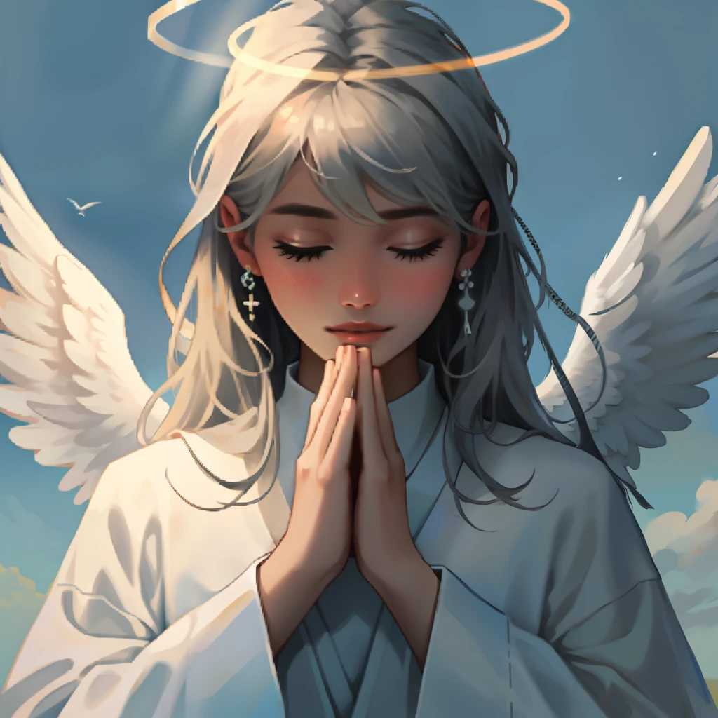 Ultra realistic angel looking forward with serene halo dressed in white with praying hands serene look