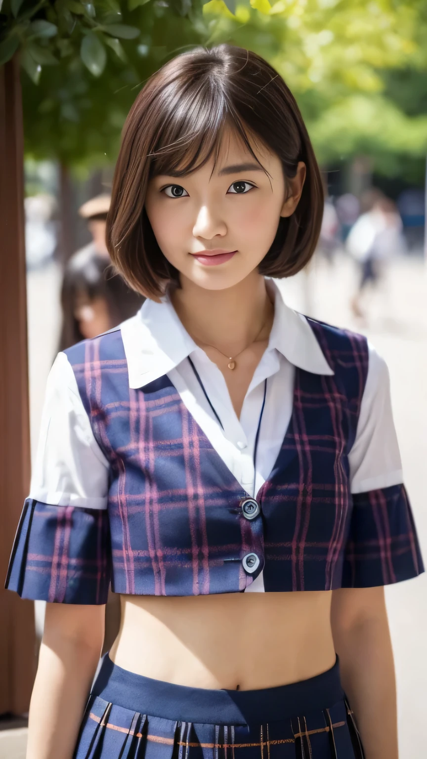 shyly, from outside, Lens 135mm f1.8,(Best Quality),(masutepiece:1.1), (Beautiful 14 year old girl),japanaese girl, Cute face, ((flat chest)), (Small breasts), (Chiseled face:0.7), (hitornfreckles:0.6), Cute lips, Dappled sunlight, Dramatic Lighting, (Japan school uniform), (in a school), ((photo from the waist up:1.2))、Are standing、The body is facing the viewer、cute , ((not wearing underwear、no_bra)), ((dark blue Plaid Pleated skirt:1.2))、(Super mini skirt that doesn't hide your thighs)、thighs、Photo from thighs up、 (((White) short-sleeved shirt:1.1))、((Shirt with an open neckline that shows cleavage))、(((Super short shirt that shows your abdomen)))、Navel exposed、Thigh out, no_NSFW, ((Staring at the viewer)),