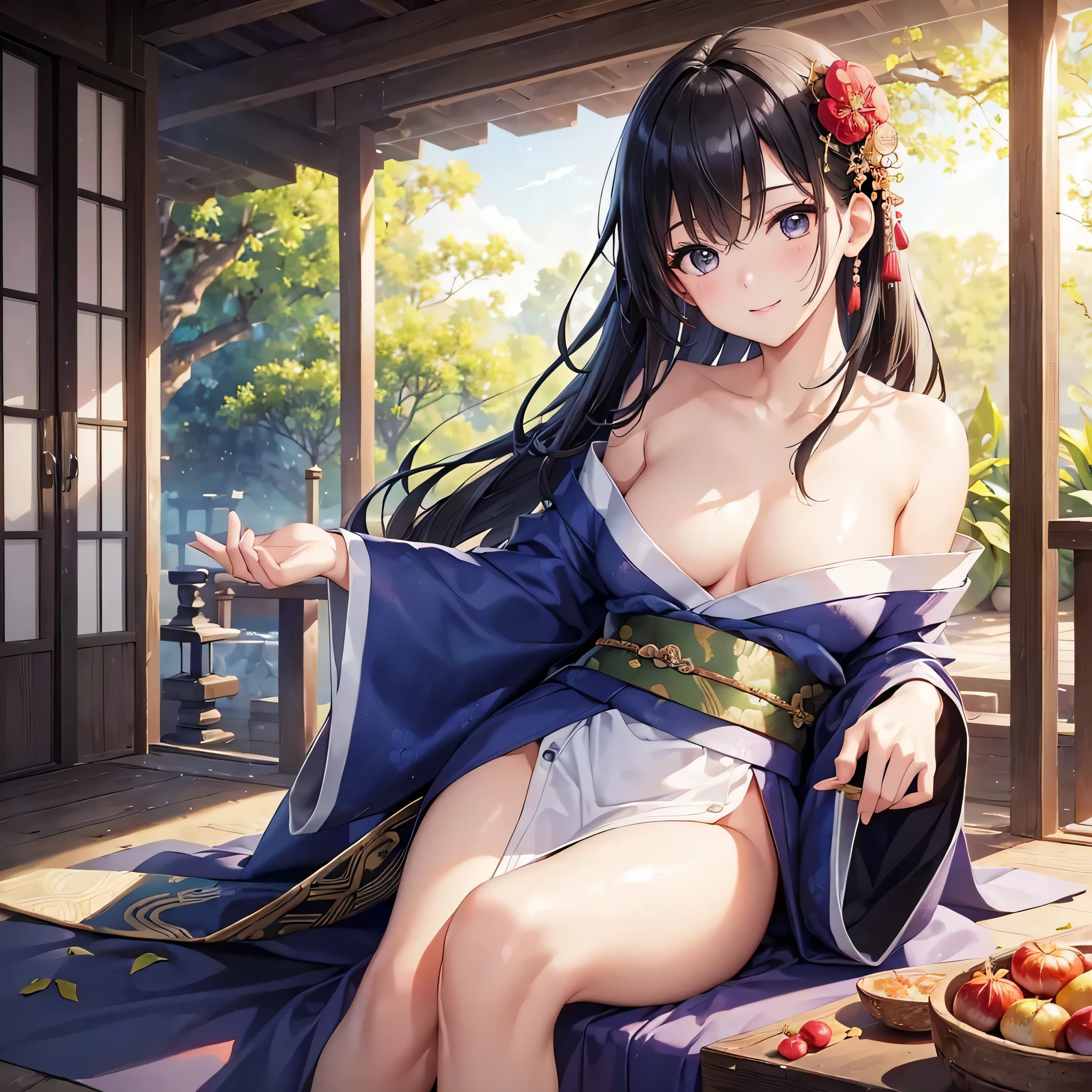 one beautiful woman、((highest quality、8K masterpiece:1.3))、sharp focus:1.2、(super beautiful face:1.0)、(shiny skin:1.0)、realistic pictures、black hair、video writing、High resolution eyes and face、video writing、japanese actress、from the front、Medium chest、shy smile、The beauty of slender abs、whole body、kimono、 highest grade obi