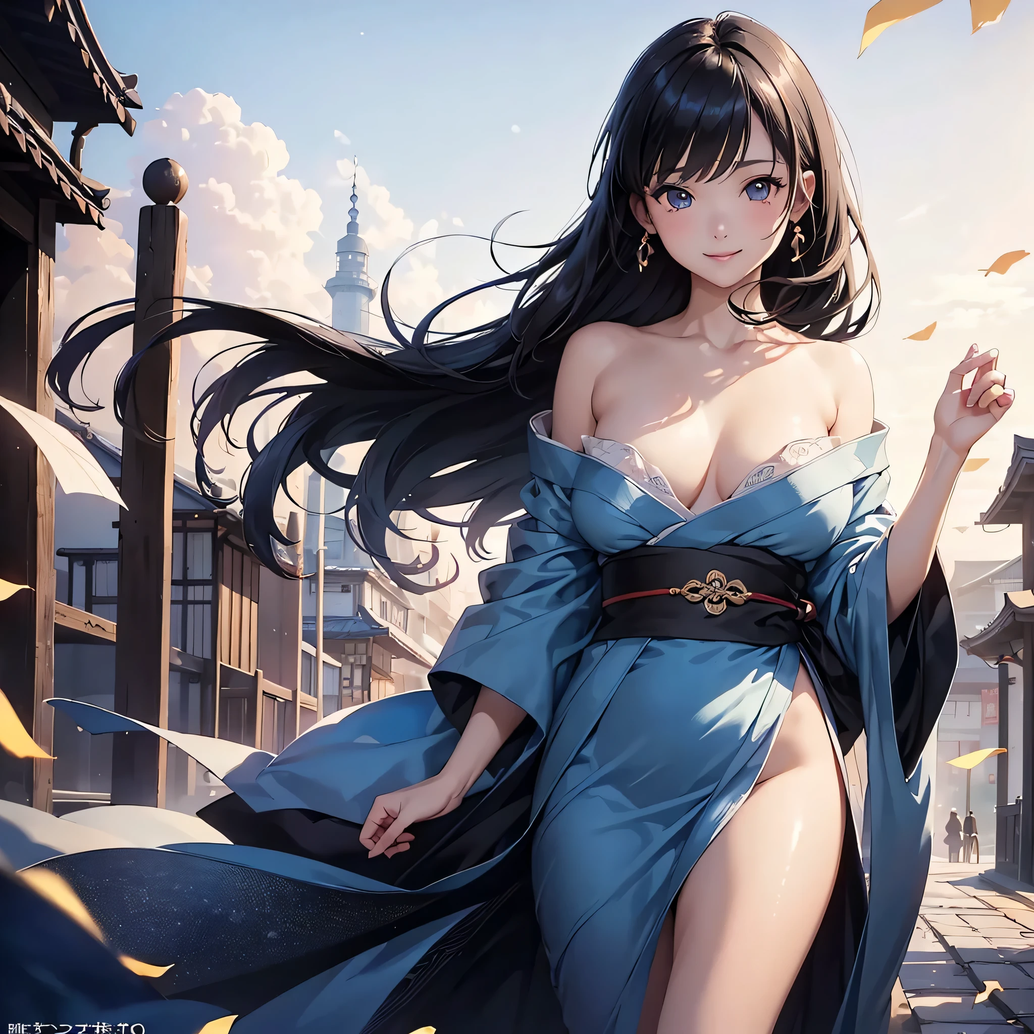 one beautiful woman、((highest quality、8K masterpiece:1.3))、sharp focus:1.2、(super beautiful face:1.0)、(shiny skin:1.0)、realistic pictures、black hair、video writing、High resolution eyes and face、video writing、japanese actress、from the front、Medium chest、shy smile、The beauty of slender abs、whole body、kimono、 highest grade obi