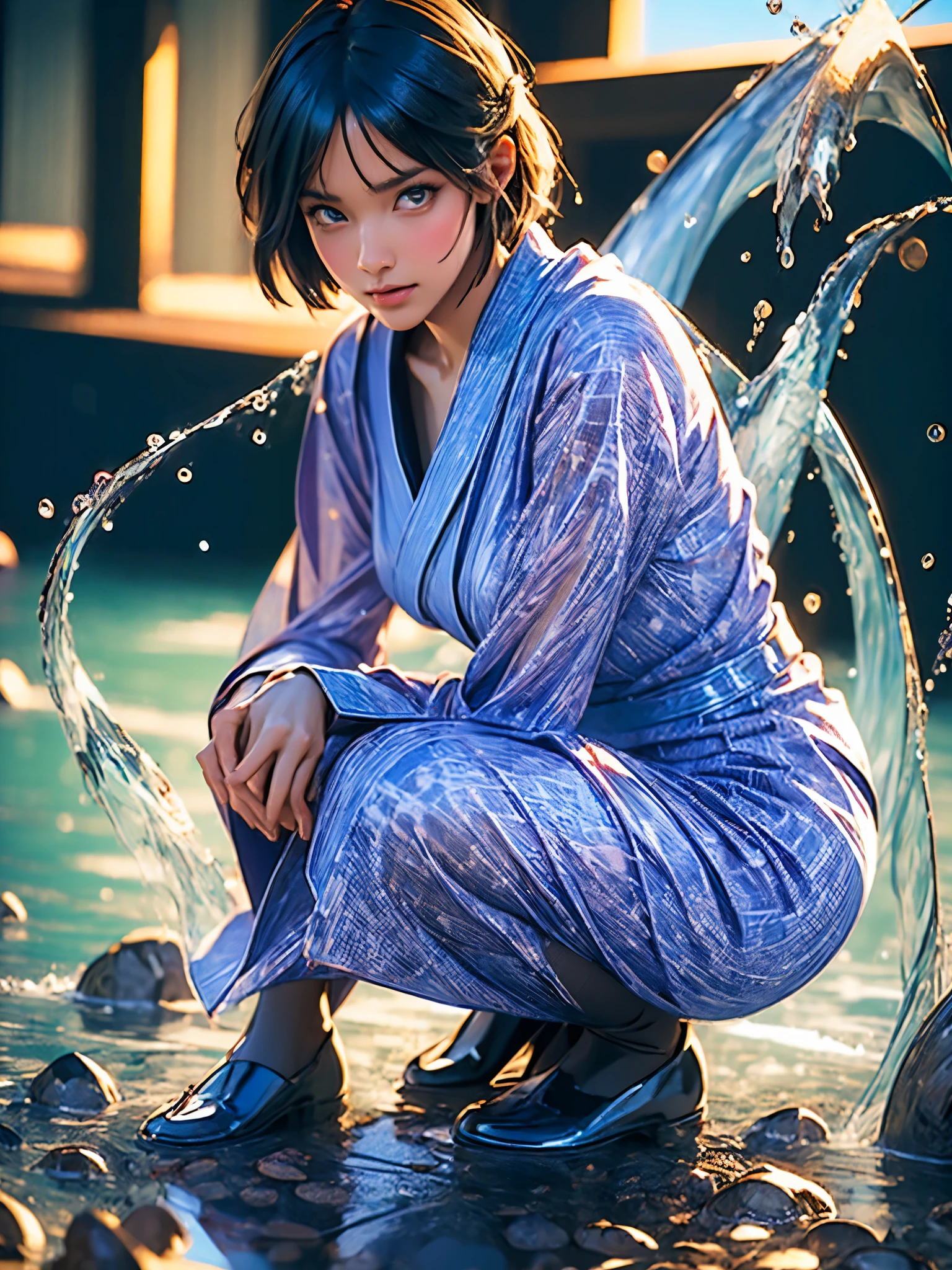 (Top Quality, 8K, High Resolution, masterpiece:1.2), ultra-detailed, realistic, physically based rendering, HDR, colorful lighting, A girl squatting in a stream and splashing water on herself, full body, from below, splash, fractal art, wet body, summer