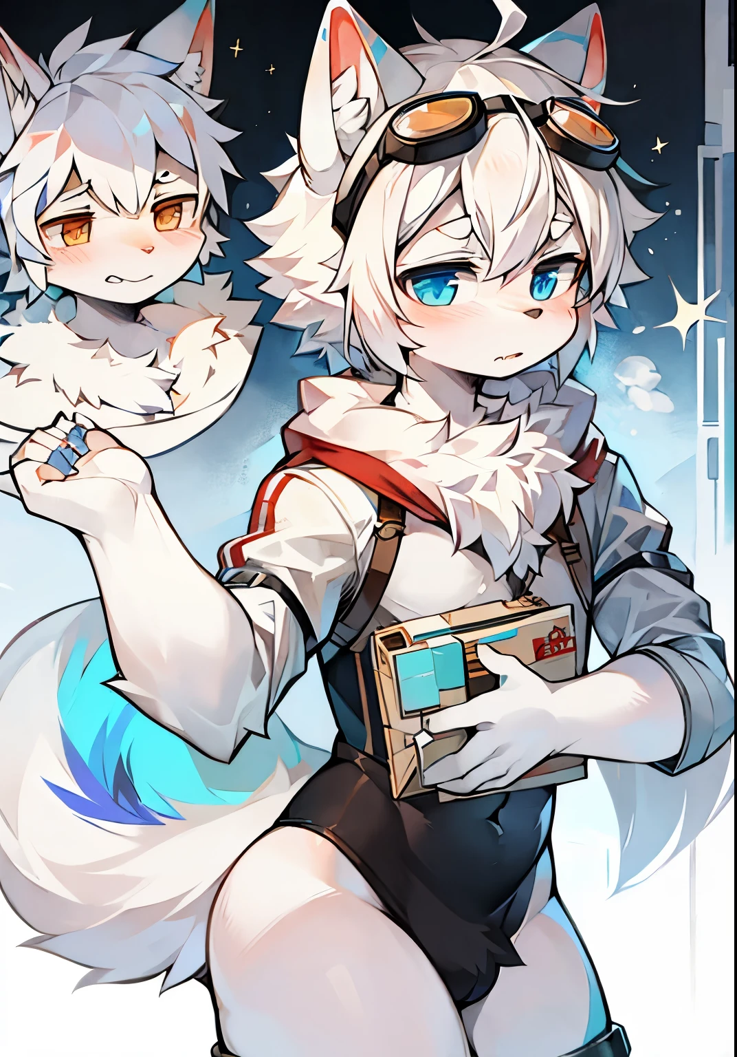 The Siberian wolf has a cute upper body, goggles, slightly broken cover, white hair