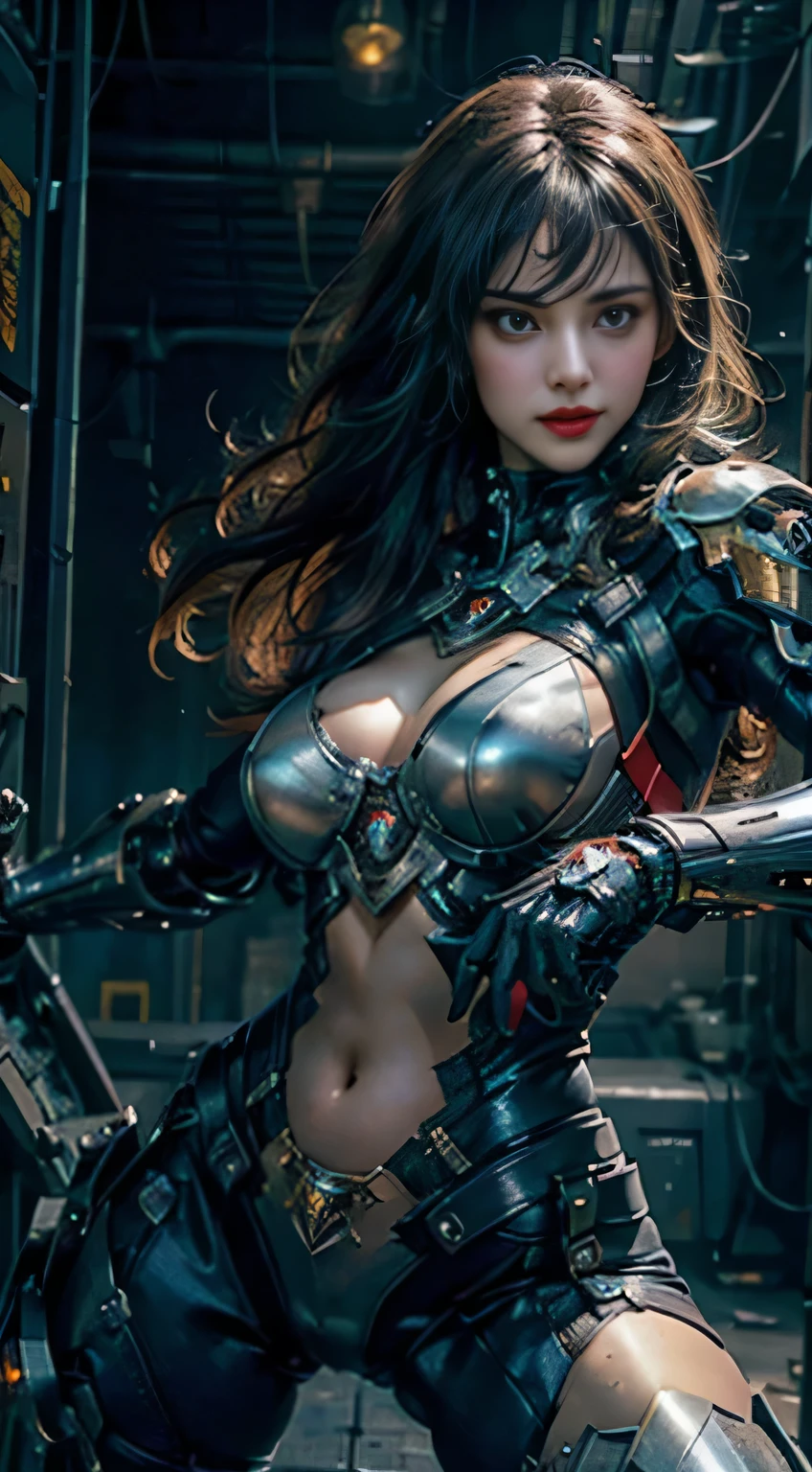 Masterpiece, Top Quality, 8K, Detailed, Detailed Face and Skin, High Resolution, Perfect Anatomy, Physically Based Rendering, (Best Quality), (Photorealistic: 1.2), (Sharp Focus: 1.2), Extremely Detailed , super detailed, 1 long hair girl, (accurate anatomy body and hands: 1.5), (4 fingers and 1 thumb: 1.2), (glowing brown eyes), (shiny on naked Wearing red armor: 1.5, ), naked, armor, tight panties, (cyberpunk: 1.2), (carrying a sharp sword: 1.1), huge breasts, cleavage, thin waist, navel , big butt, crotch gap, thighs, (dynamic pose, change pose, dynamic angle: 1.5), nervous expression, 17th century Europe, depth field: 1.3, blur,
