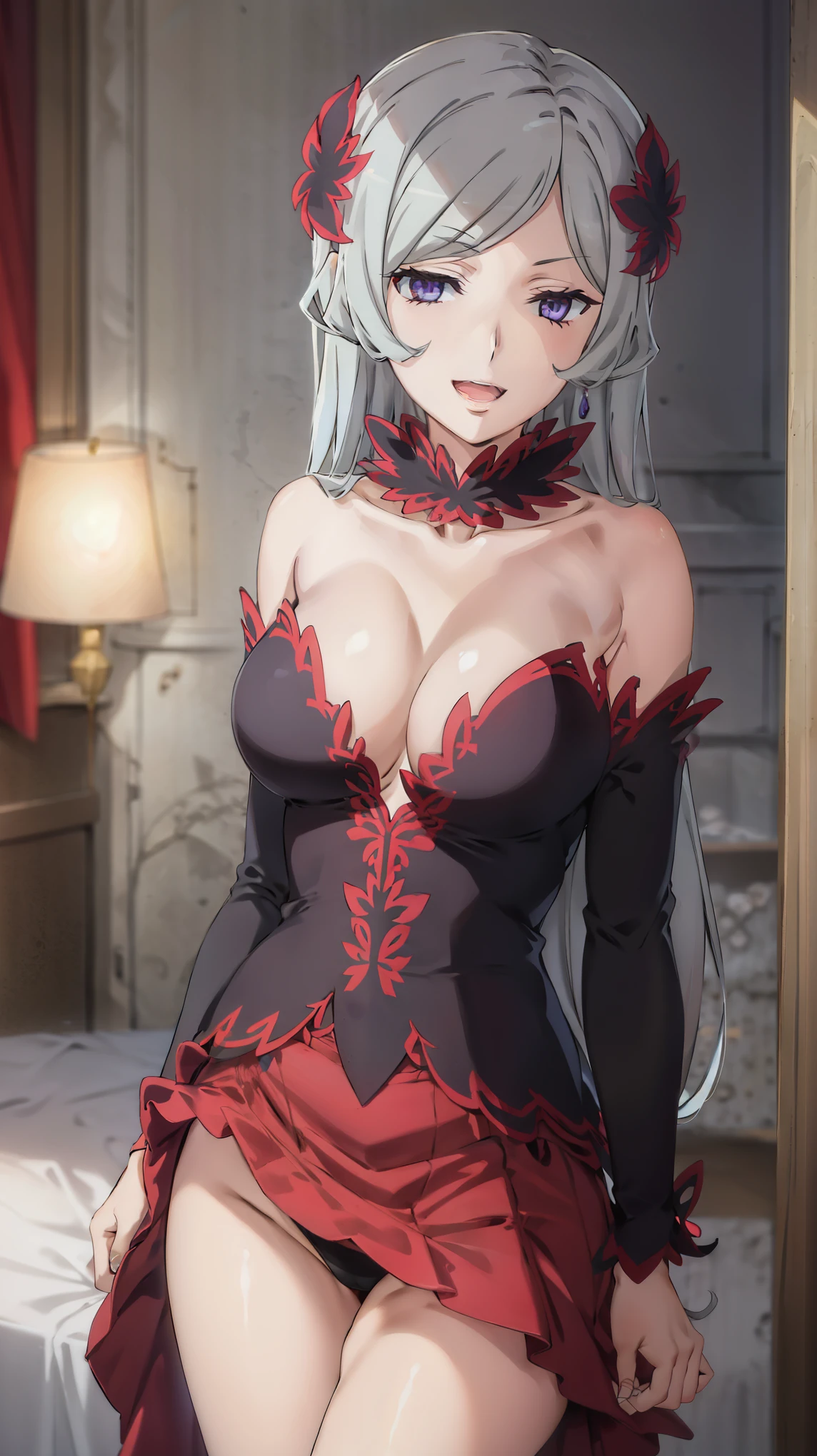 tall body, tall, long legs, mature female, mature, adult, eft_danmachi_freya, 1girl, breasts, solo, long hair, purple eyes, anime coloring, hair ornament, open mouth, cleavage, bare shoulders, medium breasts, hair flower, collarbone, smile, grey hair, large breasts, flower, dress