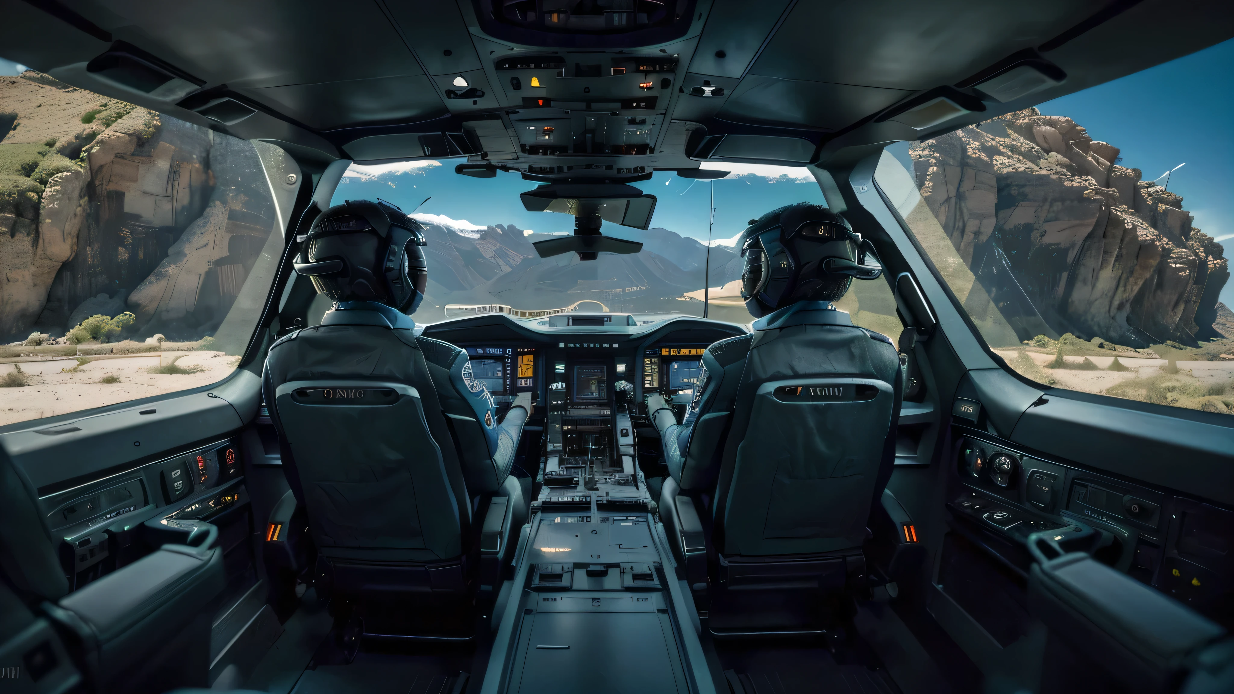 Two Pilots Sci-Fi Movie in the COCKPIT OF ALIEN COMBAT SPACESHIP, stunning cinematography, hiper detallado, Anamorphic lenses, Kodak color film, dirigida por Fred M. Wilcox, cristales frontales grandes, luz ambiente baja, (((VISTA FRONTAL, punto de vista de los pilotos, vista hacia adelante))). (((NAVE ESPACIAL FUTURISTA))), (((Pilotos con indumentaria de COMBATE))), (((FOTO TOMADA DESDE ATRAS DE LAS BUTACAS DE LOS PILOTOS)))
