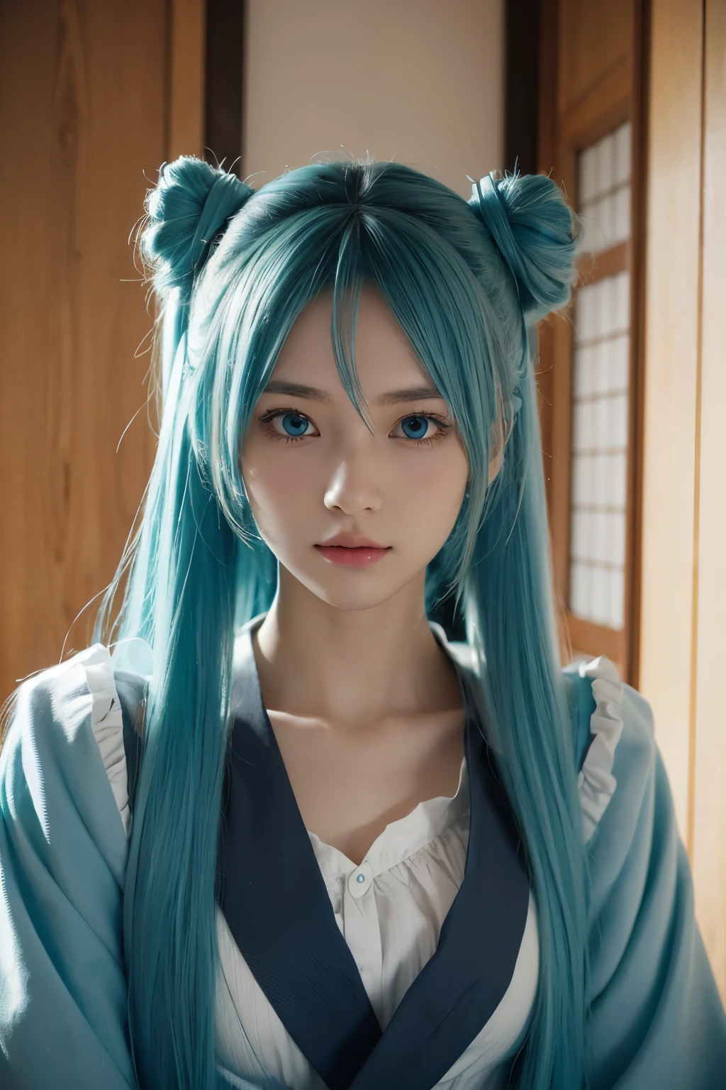 a girl, hatsune miku hair, realism, blue hair, blue eyes, best quality, masterpiece, in a Japanese room, Japanese, hatsune miku cosplay