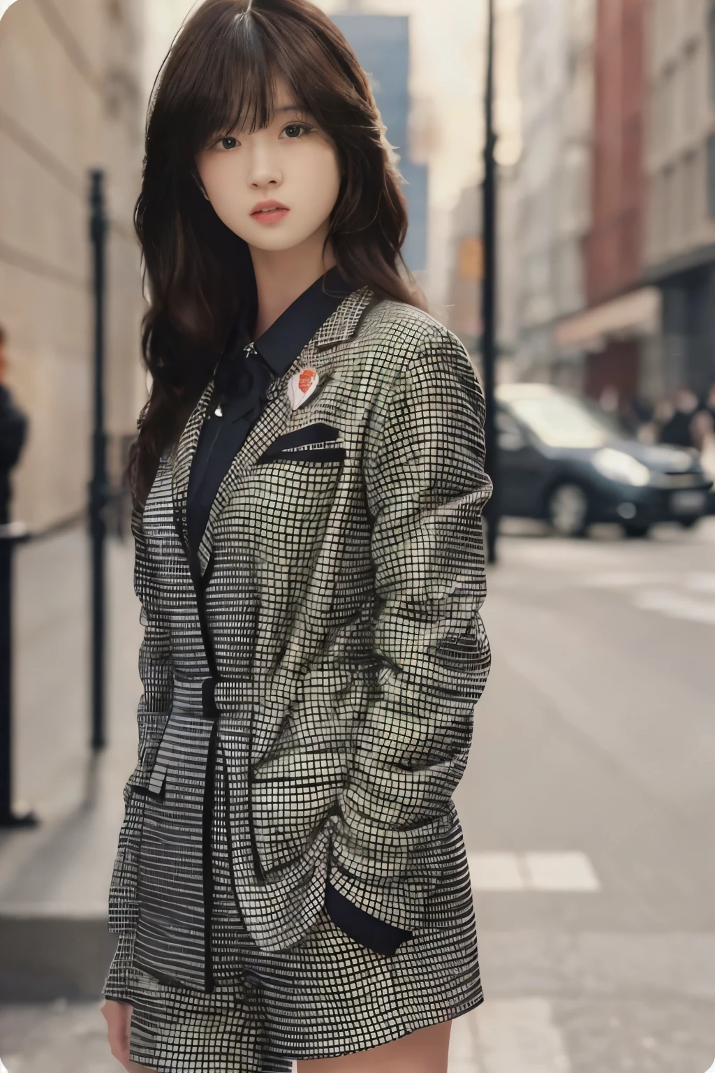 picture perfect face, 8k、20age、Long wavy reddish brown hair、Houndstooth pattern mini suit、Black heels、Are standing、J-cup bust、Clothes with open front、glossy lips、big eyes