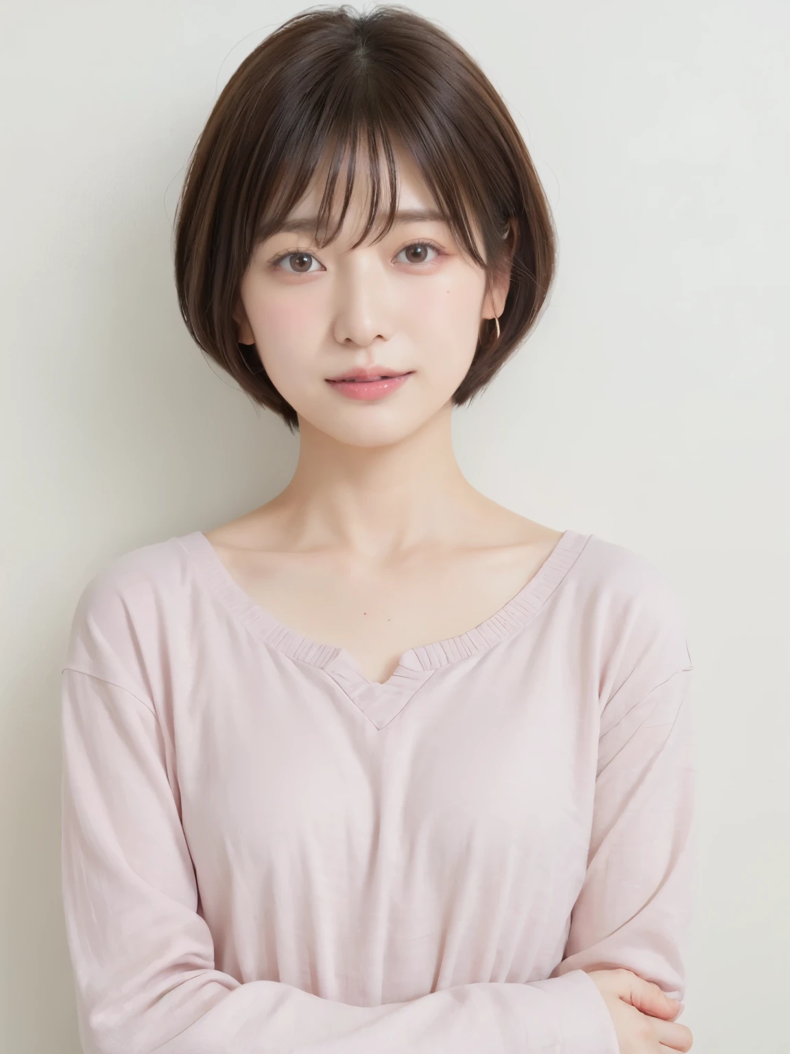 (highest quality、8K、32K、masterpiece、nffsw:1.2)、Photo of a beautiful Japanese woman in her 30s、mature woman、very short hair、short hair、shortcut、Upper body、necklace、shot from above、Don't look at the camera、(realistic、Photoreal:1.37)、1 girl、Shot in natural light、Physically based rendering、excellent image quality、High resolution、1080P、(Detailed facial description)、(Detailed explanation of hands)、(Detailed CG)、Rich details、(exquisite features)、(best image quality)、(masterpiece)、(fine eyes)、delicate clavicle、Versatile poses、profile、white wall、Taken in front of the white door、(窓のあるwhite wallの部屋)、earrings、laughter、Spring clothes、((pastel long sleeve dress))