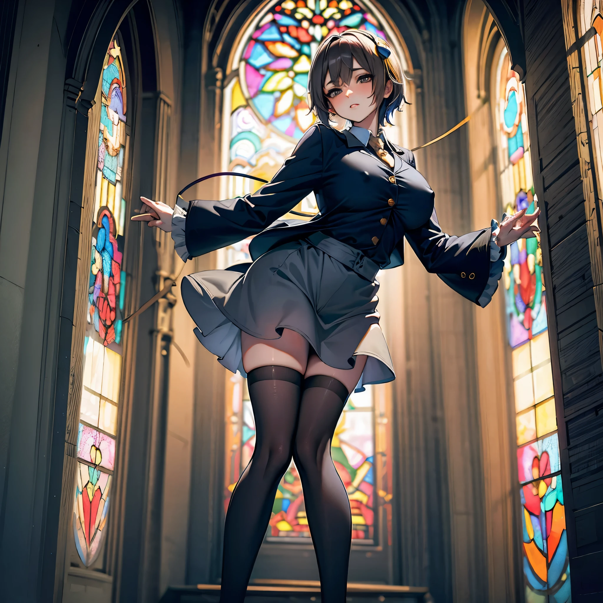 Satori toho character, (solo), (standing), (stained glass), BREAK, short hair, (huge perky breasts), bursting breasts, (inconceivably thin waist:1.2), very long legs, BREAK, (black blazer:1.3), (black thighhighs:1.3), (very short black high-waist skirt:1.3) cinches waist too tight, highheels, BREAK, nose blush, BREAK, masterpiece, ultra-detailed