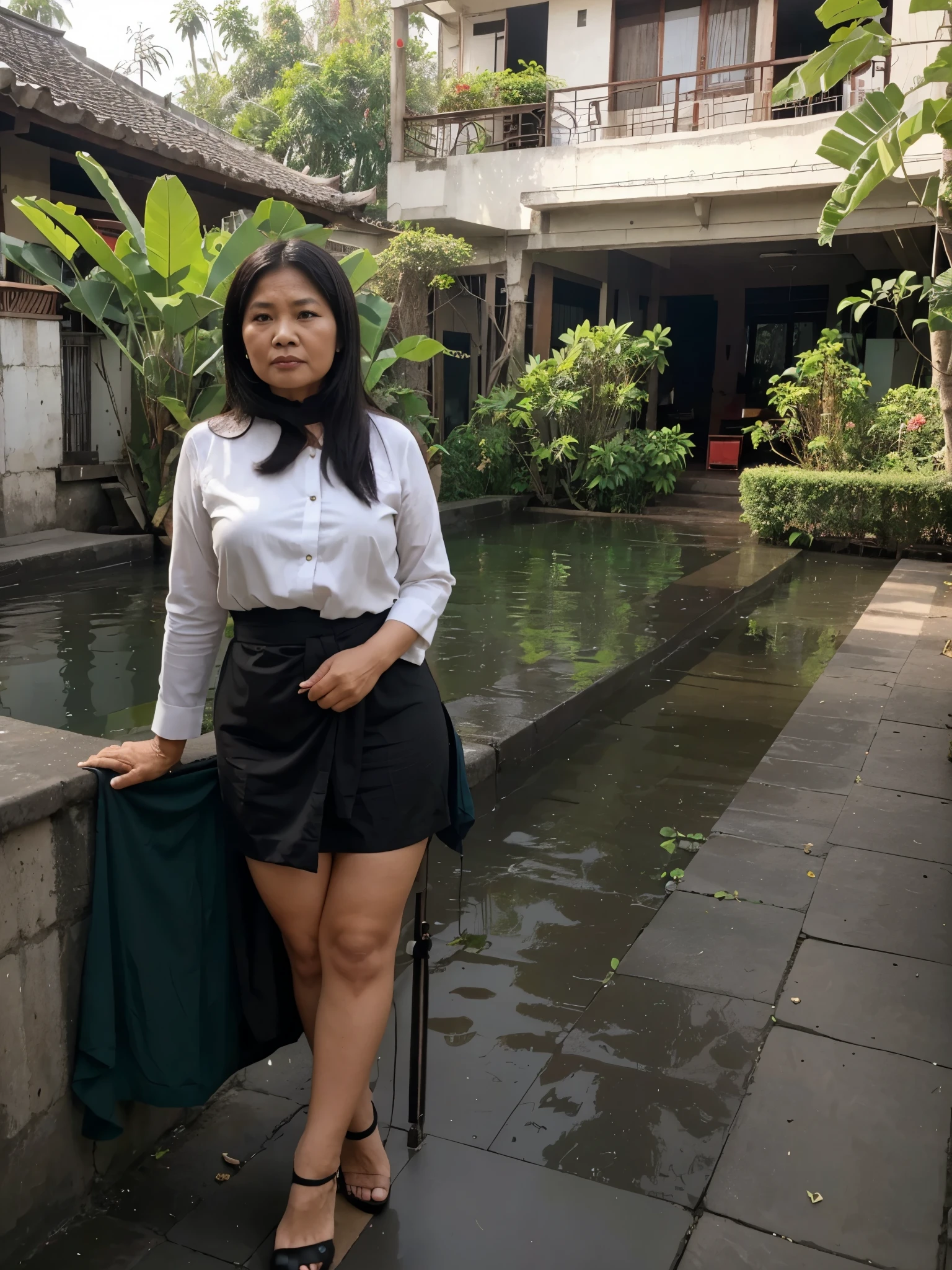 Indonesian old woman,((50 years old)), plump, high heels , facing the camera, best quality, full body,