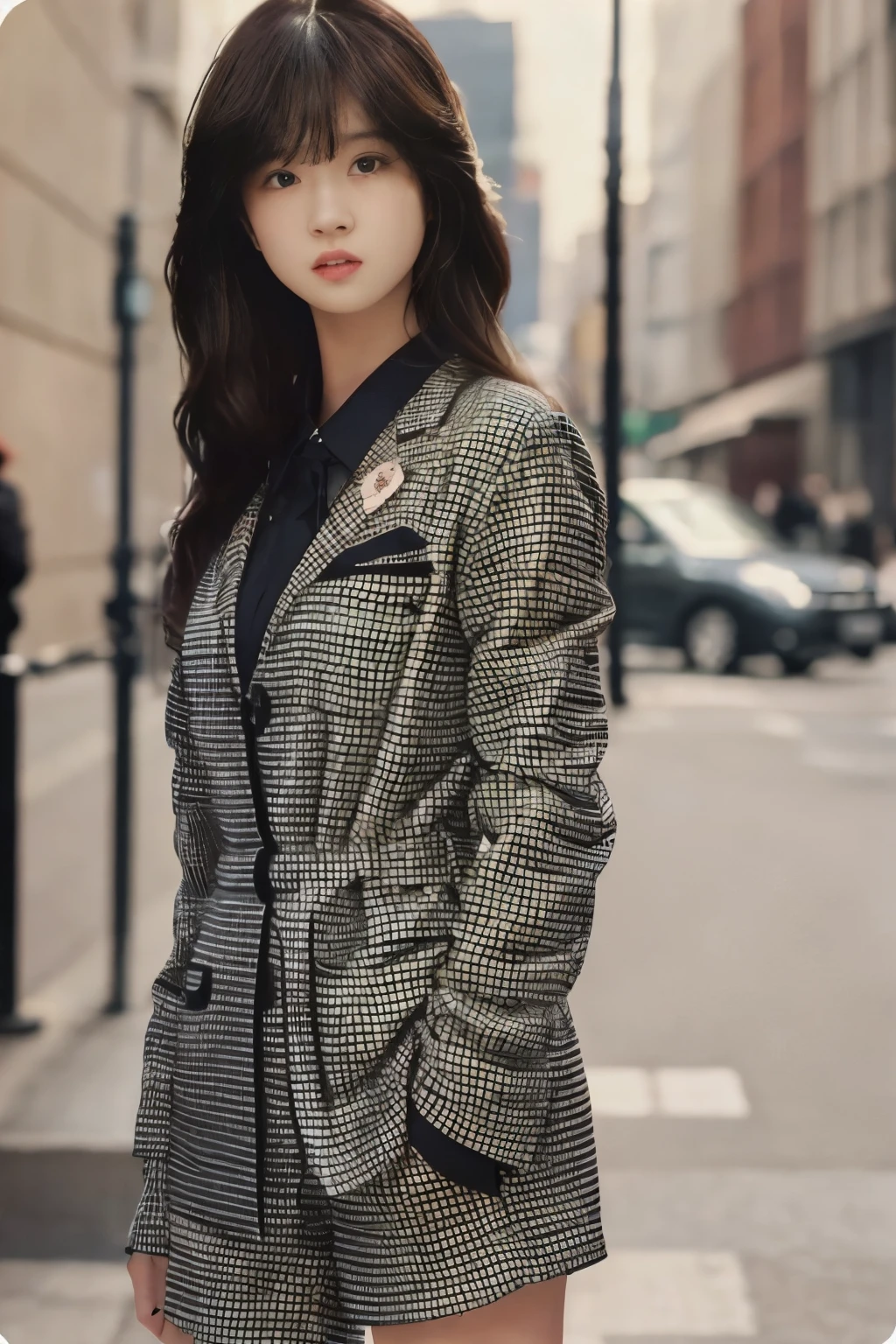  picture perfect face, ８k、２０age、Long wavy reddish brown hair、Houndstooth pattern mini suit、Black heels、Are standing、J-cup bust、Clothes with open front、glossy lips、big eyes