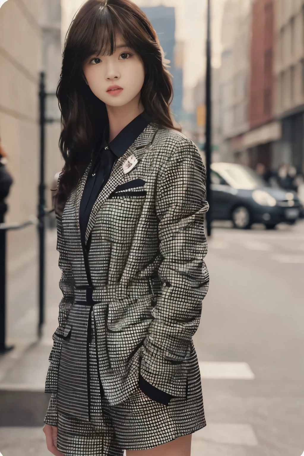  picture perfect face, ８k、２０age、Long wavy reddish brown hair、Houndstooth pattern mini suit、Black heels、Are standing、J-cup bust、Clothes with open front、glossy lips、big eyes