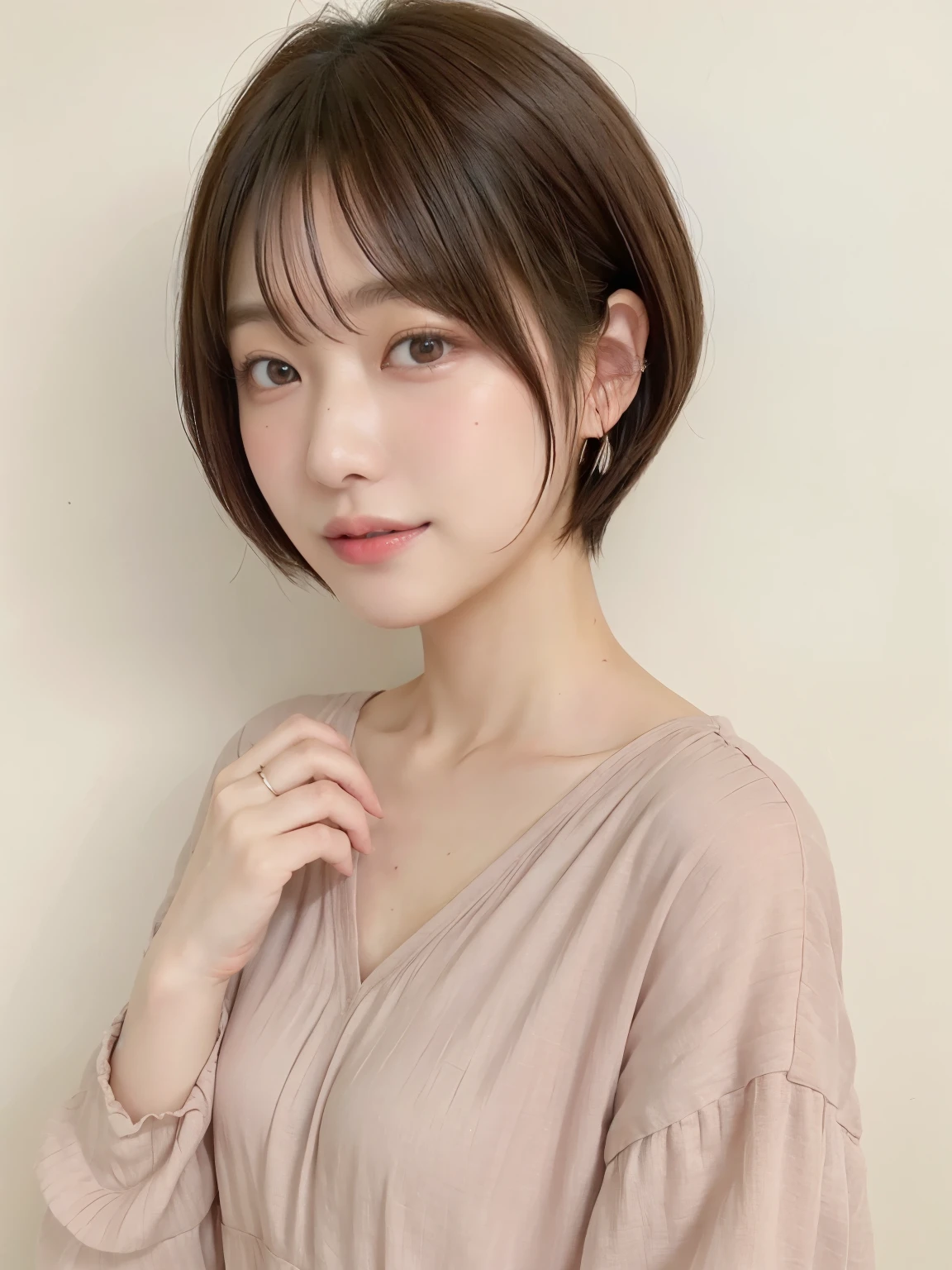 (highest quality、8K、32K、masterpiece、nffsw:1.2)、Photo of a beautiful Japanese woman in her 30s、mature woman、very short hair、short hair、shortcut、Upper body、necklace、shot from above、Don't look at the camera、(realistic、Photoreal:1.37)、1 girl、Shot in natural light、Physically based rendering、excellent image quality、High resolution、1080P、(Detailed facial description)、(Detailed explanation of hands)、(Detailed CG)、Rich details、(exquisite features)、(best image quality)、(masterpiece)、(fine eyes)、delicate clavicle、Versatile poses、profile、white wall、Taken in front of the white door、(窓のあるwhite wallの部屋)、earrings、laughter、Spring clothes、((pastel long sleeve dress))