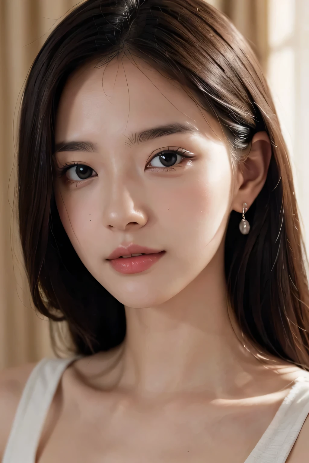 High resolution、、no makeup、long neck、8k、Close-up image of a face、high nose、long jaw、narrow eyes、white skin、intellectual beauty、clear eyes、transparent skin、daily life、smile、real photos、thin lips、National beautiful girl、shortcut、