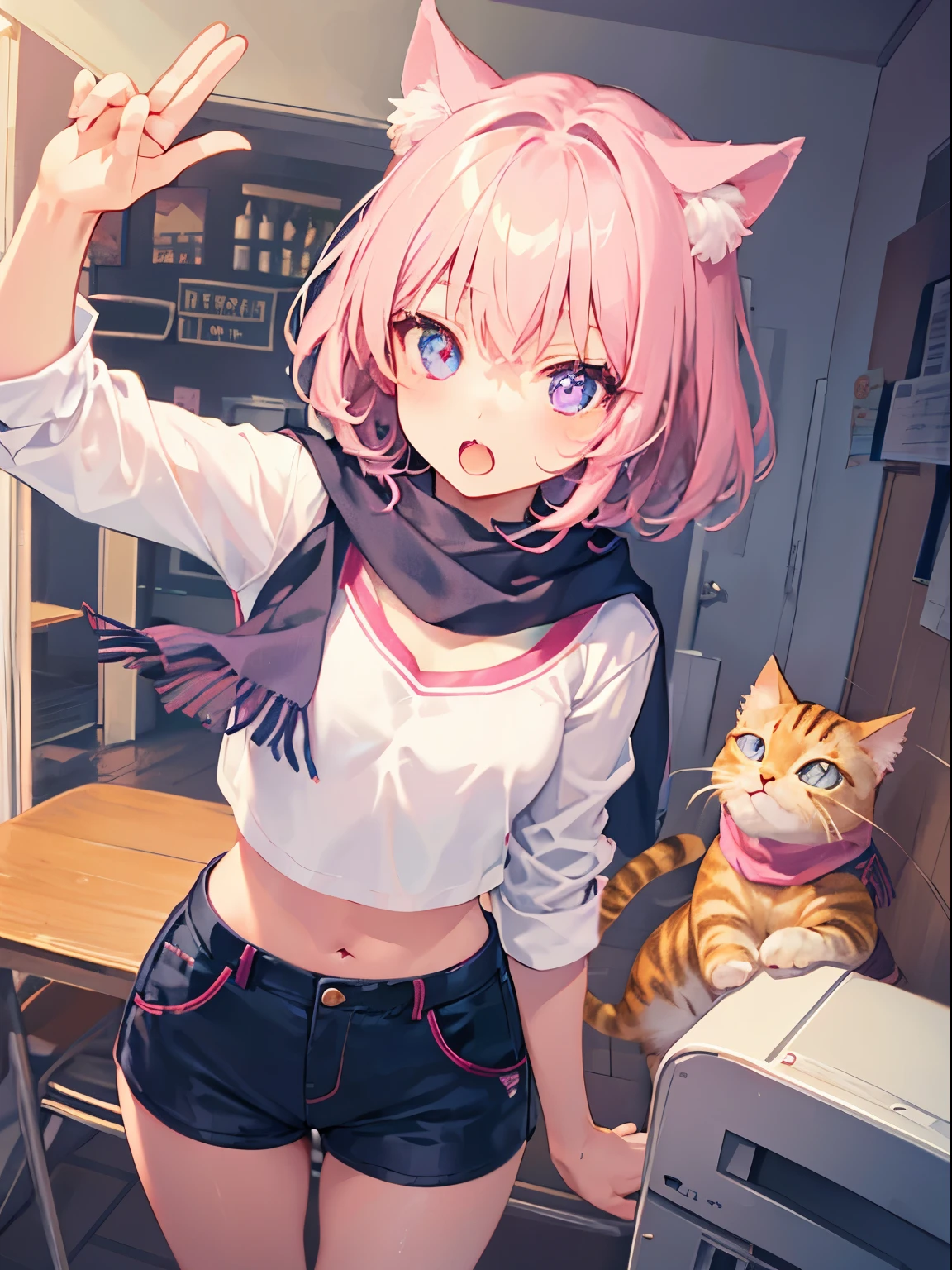 NSFW,Very beautiful and shining eyes、shining eyes、1 girl、small breasts、big mouth、small breasts、Cat ear、Transparent pink short hair、scarf、7 year old girl、childish clothes