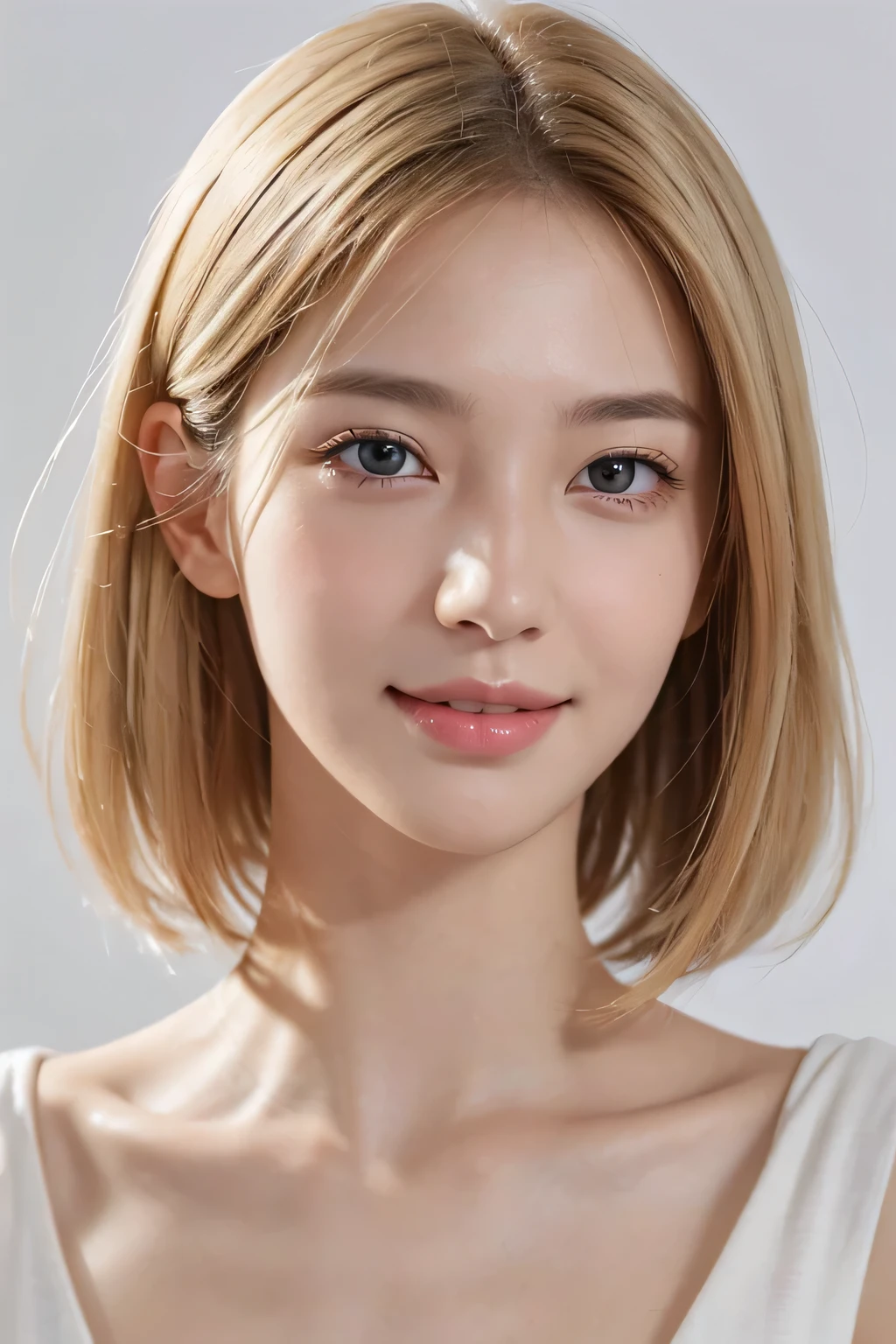 High resolution、、no makeup、long neck、8k、Close-up image of a face、high nose、long jaw、narrow eyes、white skin、intellectual beauty、clear eyes、transparent skin、daily life、smile、real photos、thin lips、National beautiful girl、shortcut、blonde hair