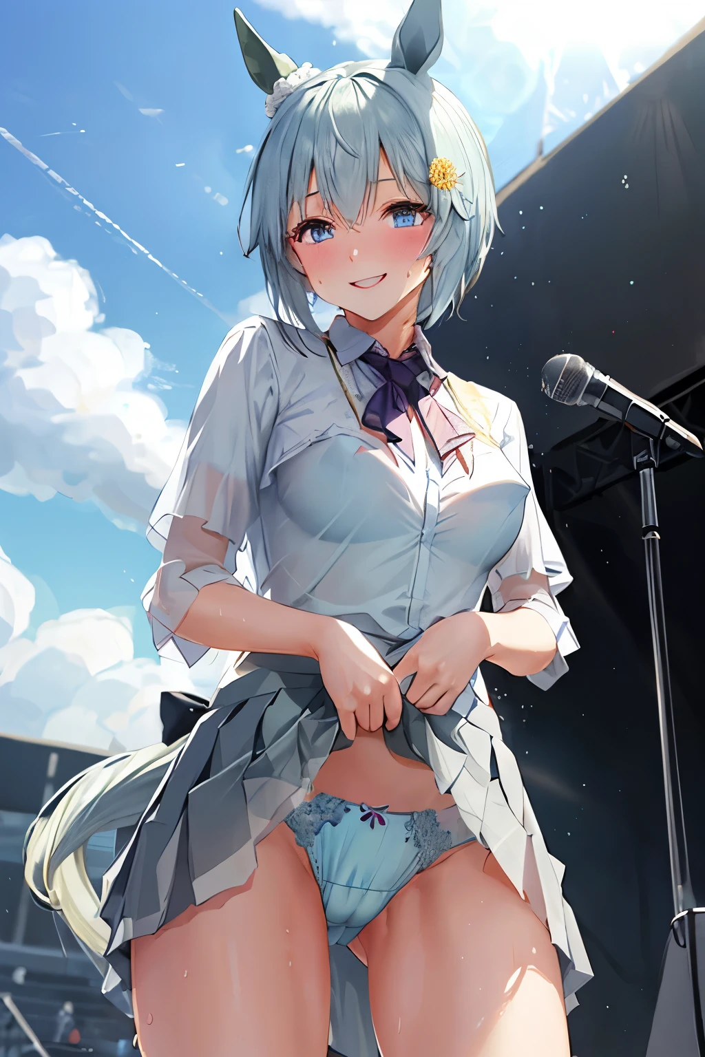 (sexy dance show:1.2),(show off micro panties,skirt lift herself:1.2),Seiun Sky \(umamusume\),good anatomy, masterpiece, best quality,realistic, hyperrealistic, 16k hdr,(red blush,smile:1.2),(outdoor,Live Stage:1.3),(see through costume:1.2),Stage costumes,Horse tail,ultra miniskirt,navel,micro panties,show off clearvage,erected nipples,sweat,large breasts,upper body,strong wind,cameltoe