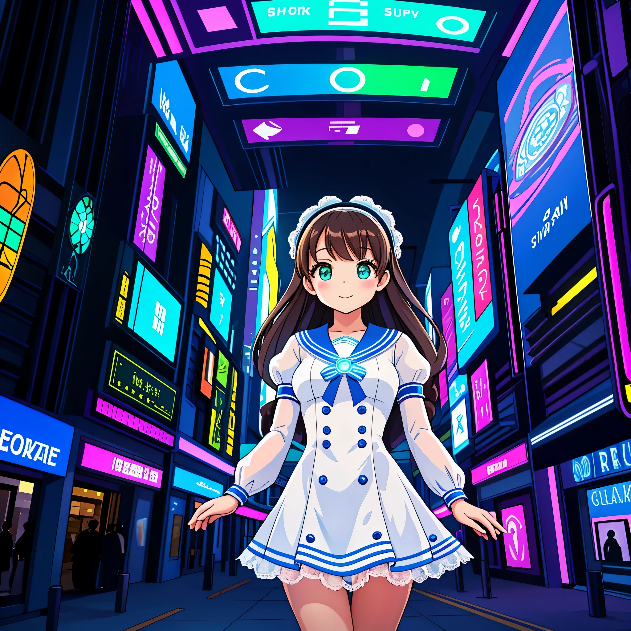 (best quality, highres, ultra-detailed), with a vibrant and colorful atmosphere, surrounded by futuristic technology and holographic displays. The scene takes place in a bustling city, with towering skyscrapers and neon lights illuminating the streets. The girl is standing confidently, with a playful smile on her lips. She holds a futuristic device in her hand, controlling the holographic projections around her. The green eyes shine with intelligence and curiosity, reflecting the advanced world she lives in. Her long brown hair flows down to her waist, adding to her youthful and energetic appearance. She wears a ribbon headband, adding a touch of innocence to her charismatic presence. Her small breasts are subtly emphasized, enhancing her youthful charm. She is dressed in a white and blue futuristic sailor ta dress with puffy sleeves, a perfect blend of traditional and modern fashion. The dress is adorned with delicate lace and ribbons, adding a touch of elegance. The vibrant colors and intricate details of the dress make her stand out in the futuristic cityscape. The combination of the cute and elegant aesthetics creates a unique and unforgettable visual experience. The overall art style is reminiscent of anime, with bold outlines, expressive facial features, and vibrant colors. The color palette is dominated by shades of green, creating a harmonious and enchanting atmosphere. The lighting is soft and warm, with soft rays of light casting a gentle glow on the girl's face. The light from the holographic displays adds a futuristic and dynamic feel to the scene.