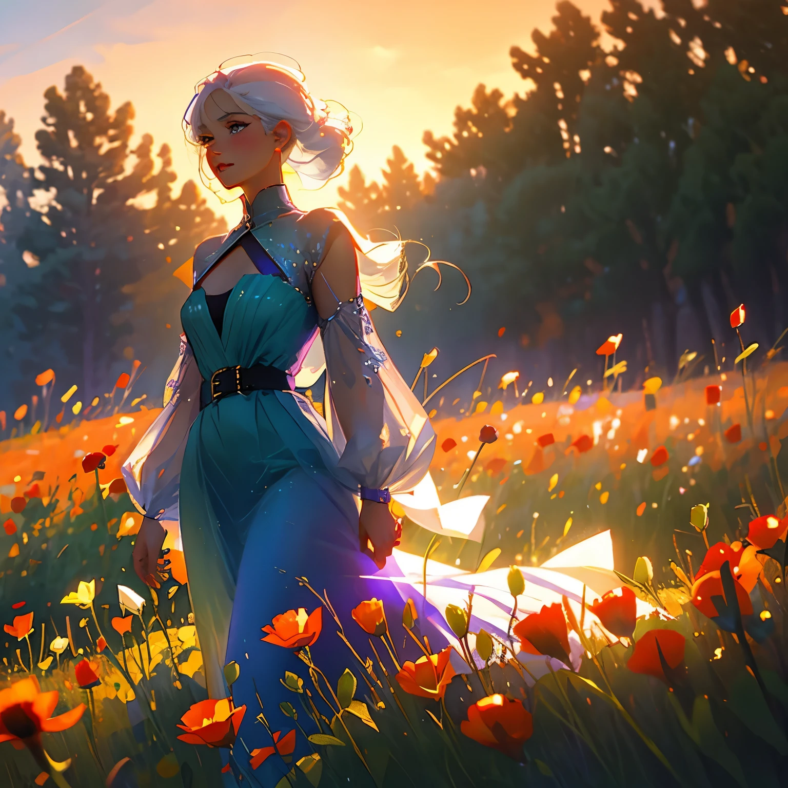 Realista, the young woman with white hair and striking purple eyes, stands amidst a field of vibrant red poppies under the sunlit sky. Her short top reveals a hint of cleavage, and her lips are parted, showing a slight blush of rubor. The flowers surround her, basking in the brilliant sunlight that dances upon their petals. The evening draws near, casting long shadows that stretch across the landscape, but for now, the scene is bathed in the soft, golden light of the setting sun.
