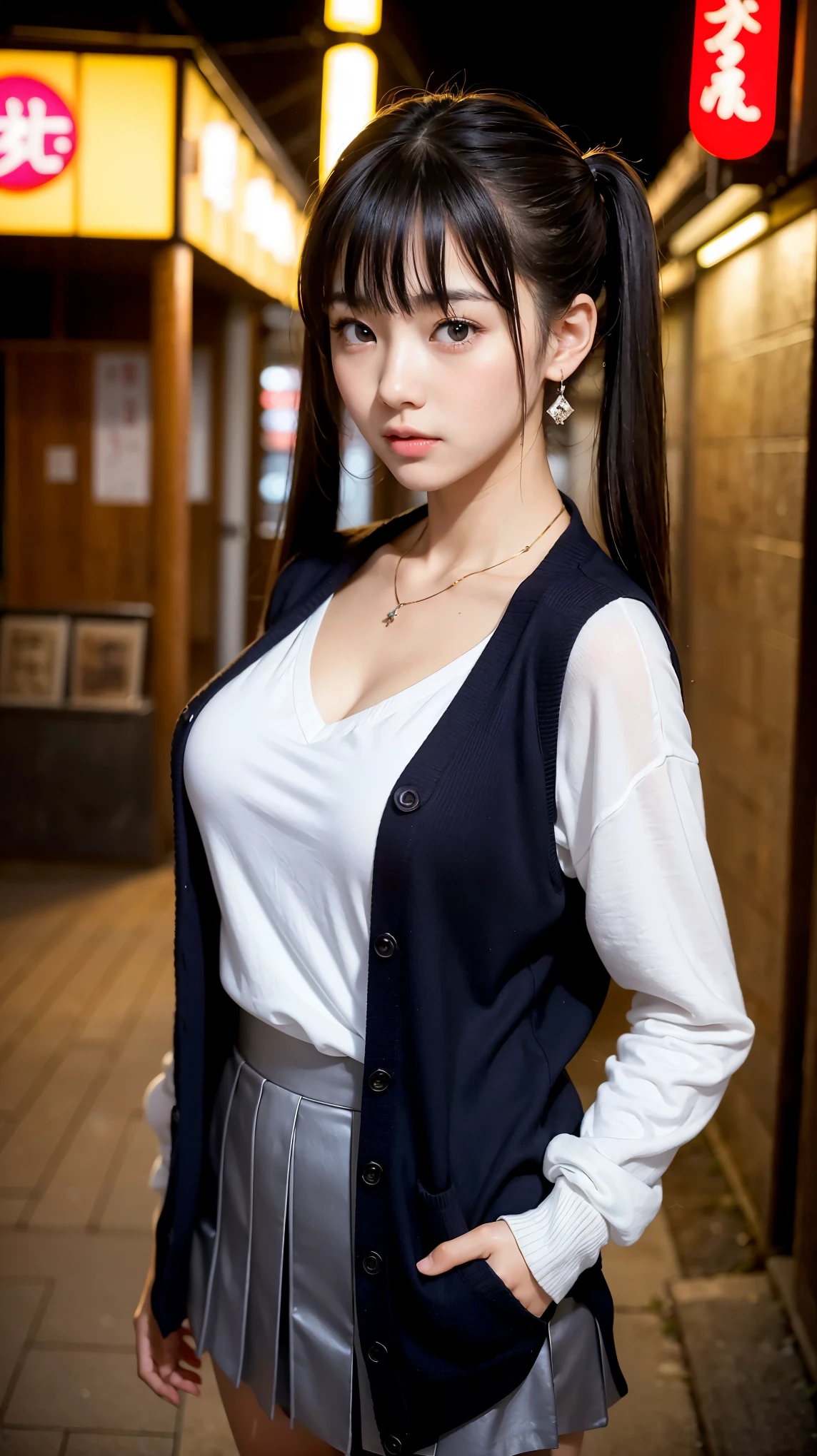 Girl in school cardigan posing for photo, Two beautiful japanese girl、 、Big breasts that are about to explode、Underwear sticks out、lower body uniform skirt、Stand in front of a sex shop on Neon Street in the middle of the night、sexy girl, gorgeous japanese model, country style twin tails、diamond necklace、earrings、Lovely lady, japanese goddess, gorgeous young japanese woman, japanese girl, japanese girl, beautiful sexy woman photo, beautiful goddess, Shining bare skin、Beautiful Japanese junior hhool student, amazingly cute、inviting eyes、I shyly invite you inside.、