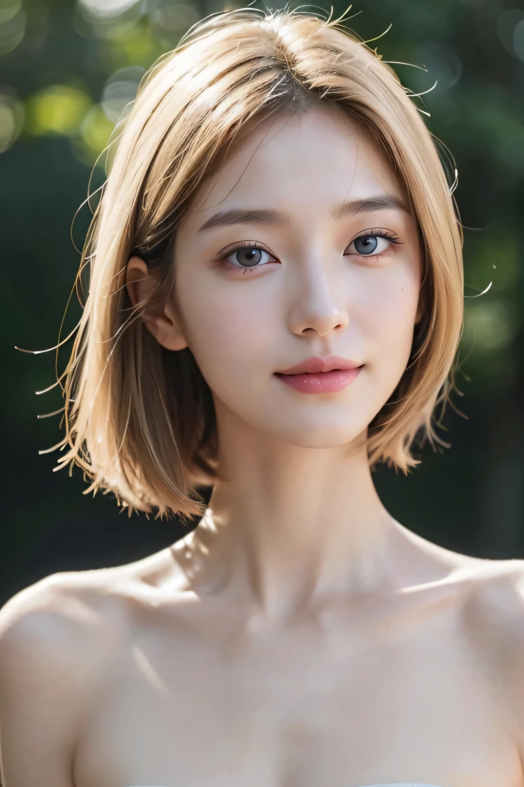 High resolution、、no makeup、long neck、８ｋ、Close-up image of a face、high nose、long jaw、narrow eyes、white skin、intellectual beauty、clear eyes、transparent skin、daily life、smile、real photos、thin lips、National beautiful girl、shortcut、blonde hair