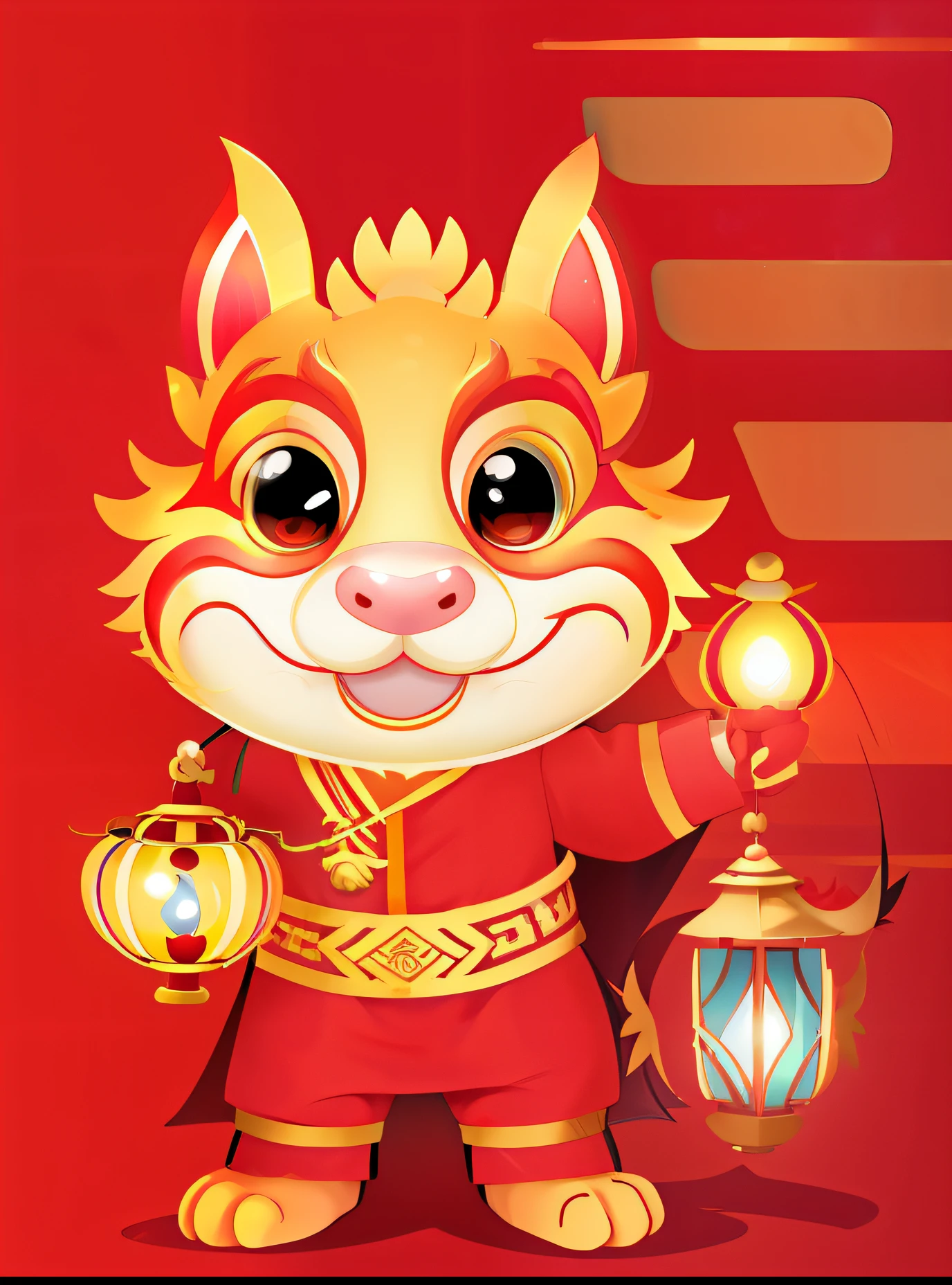 Cartoon Dragon，illustration，2D effect，Chinese style，New Year mascot，Holding a lantern in his left hand，Types of ingots held in the right hand，big eyes，Smile，rendering