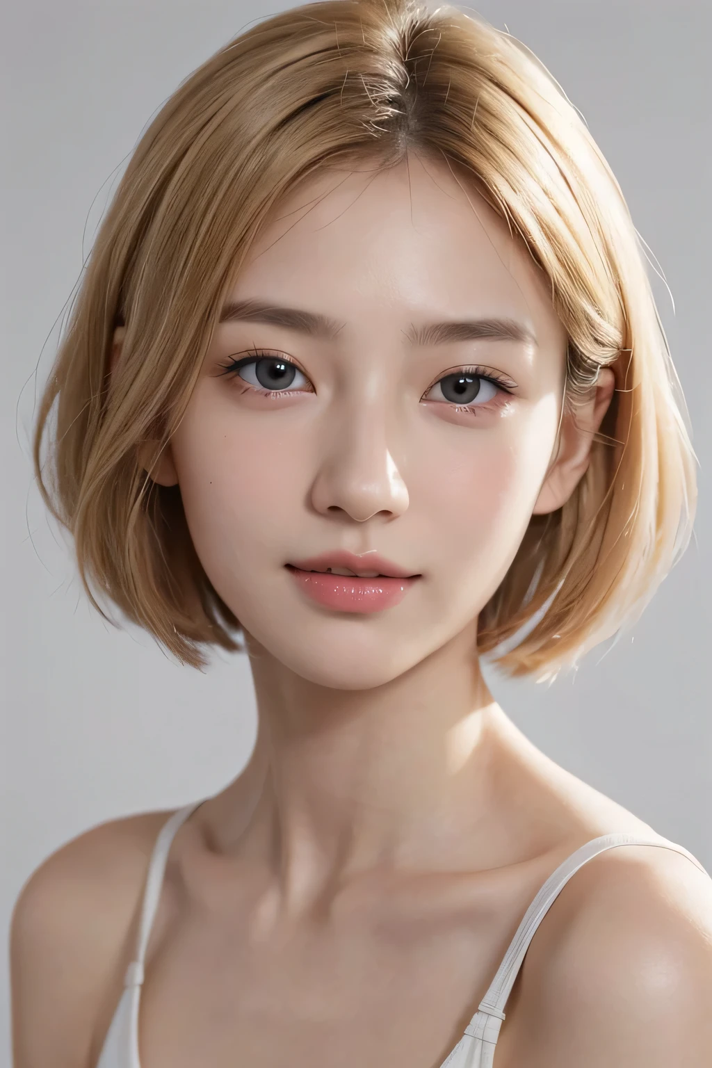 ((masterpiece, top quality, high definition)), 1 girl, (photorealistic: 1.4), solo, white background, snow-white background, mouth closed, happy smile, happy smile, pretty black hair, short hair, big eyes, clear double eyelids, eyelashes, ears out, long neck, long neck, absolute area, ((face close-up)), (drawing all head, shoulders), 19 years old, Attractive proportions, shiny skin, clean collarbone, golden ratio face, perfect face, teardrop mole, mole on chest, bangs, clean bangs, beautiful bangs, lip gloss, thin lips, fair skin, naked, big breasts, small face, small face, head all drawn, shoulders all drawn, staring at the camera slightly above