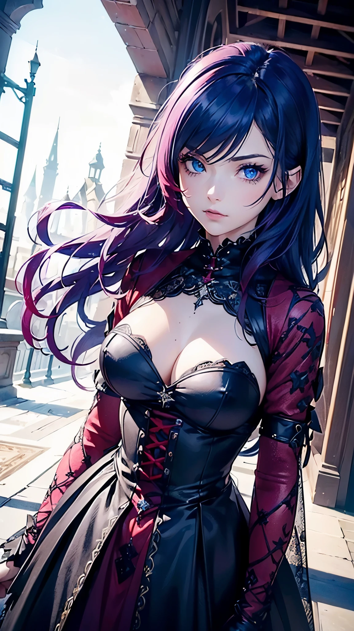 (best quality,ultra-detailed,photorealistic:1.37),A girl with blue eyes,gotic dyed hair(ruby red),wavy and purple-tinged, fair skin as snow wearing gothic attire