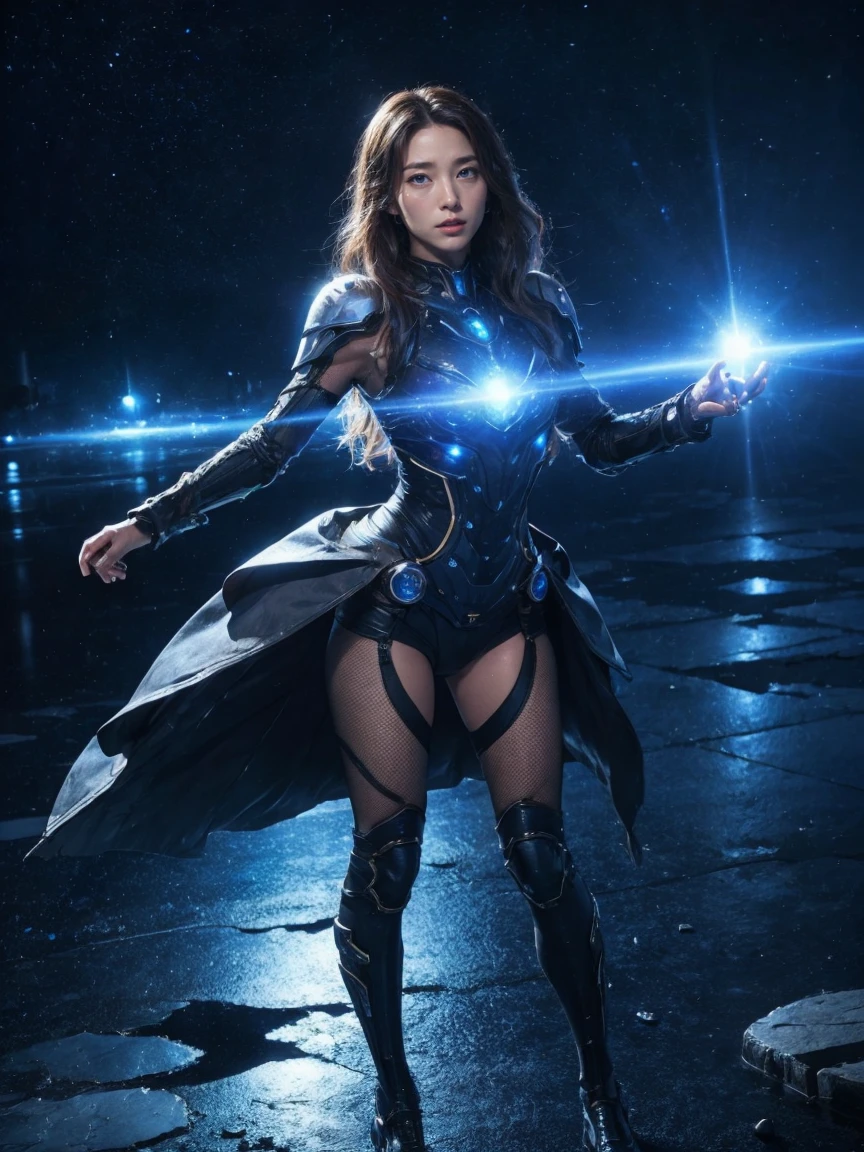 8K, highest quality, masterpiece, realistic, ultra detail,  photograph, HDR, High resolution, movie blue light, official art, High resolution, Depth of written boundary,(emits laser light), girl１name、20-year-old, medium long hair,Take a full body photo、action pose,Blue Universe,alien space battleship