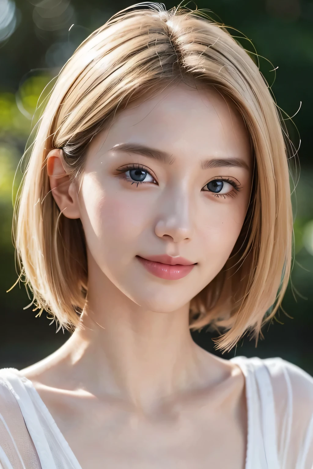 High resolution、、no makeup、long neck、8k、Close-up image of a face、high nose、long jaw、narrow eyes、white skin、intellectual beauty、clear eyes、transparent skin、daily life、smile、real photos、thin lips、National beautiful girl、shortcut、blonde hair