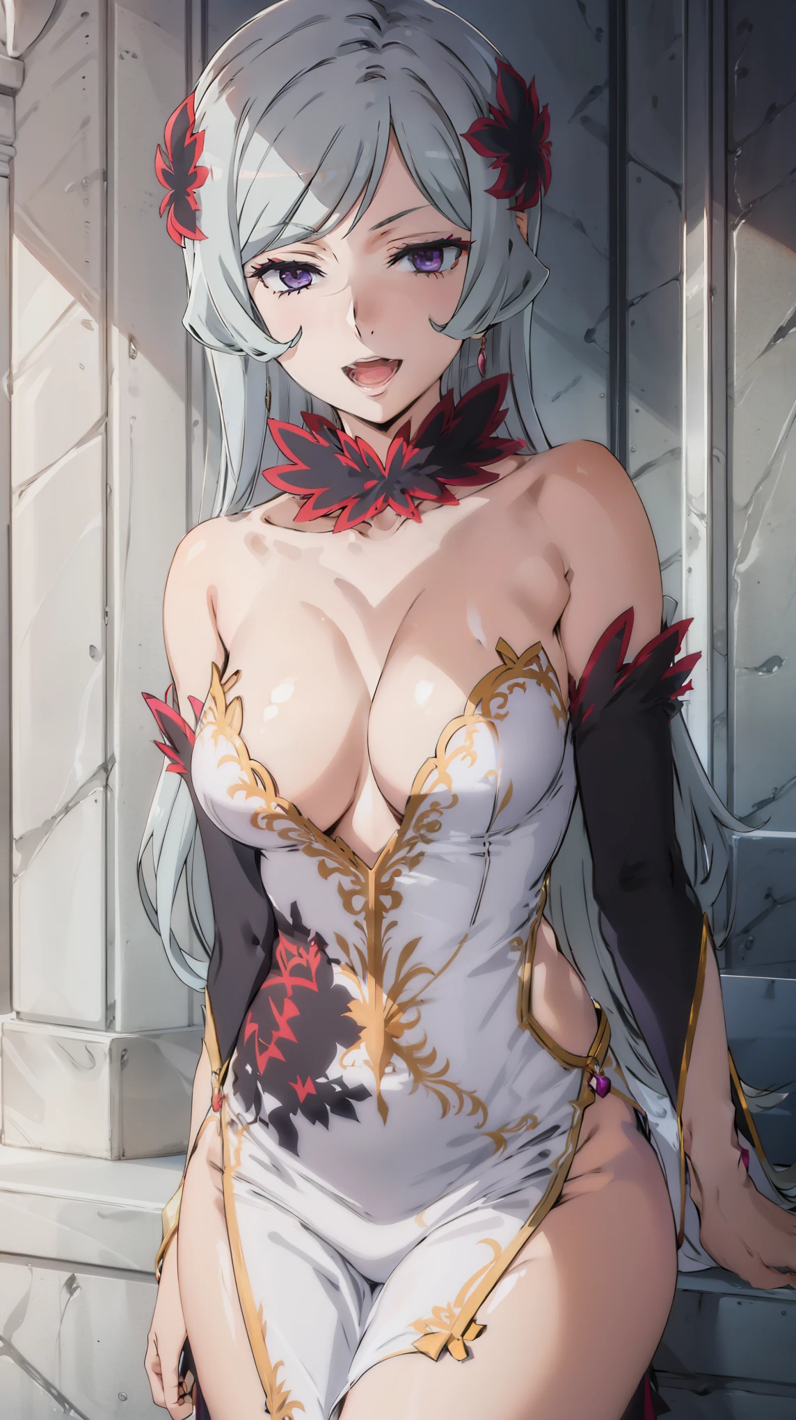 tall body, tall, long legs, mature female, mature, adult, eft_danmachi_freya, 1girl, breasts, solo, long hair, purple eyes, anime coloring, hair ornament, open mouth, cleavage, bare shoulders, medium breasts, hair flower, collarbone, smile, grey hair, large breasts, flower, dress