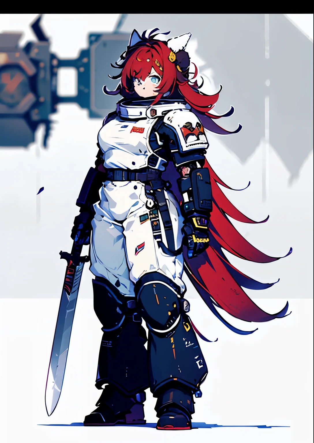 warhammer 40k, white scars, space marines, white scars emblem, white power armor, (bun, long hair, :1.25), sword in hand, action, Masterpiece, intricate, anime style, full body, 1girl, rakkun, racoon ears, 1tail, fluffy tail, (red and blue eyes blurred), short hair, (red inner hair), (brown hair), strand of hair on the left side, (red hair strips), looking at viewer, hight quality, 4k,highres, professional art, professional drawing, professional lineart