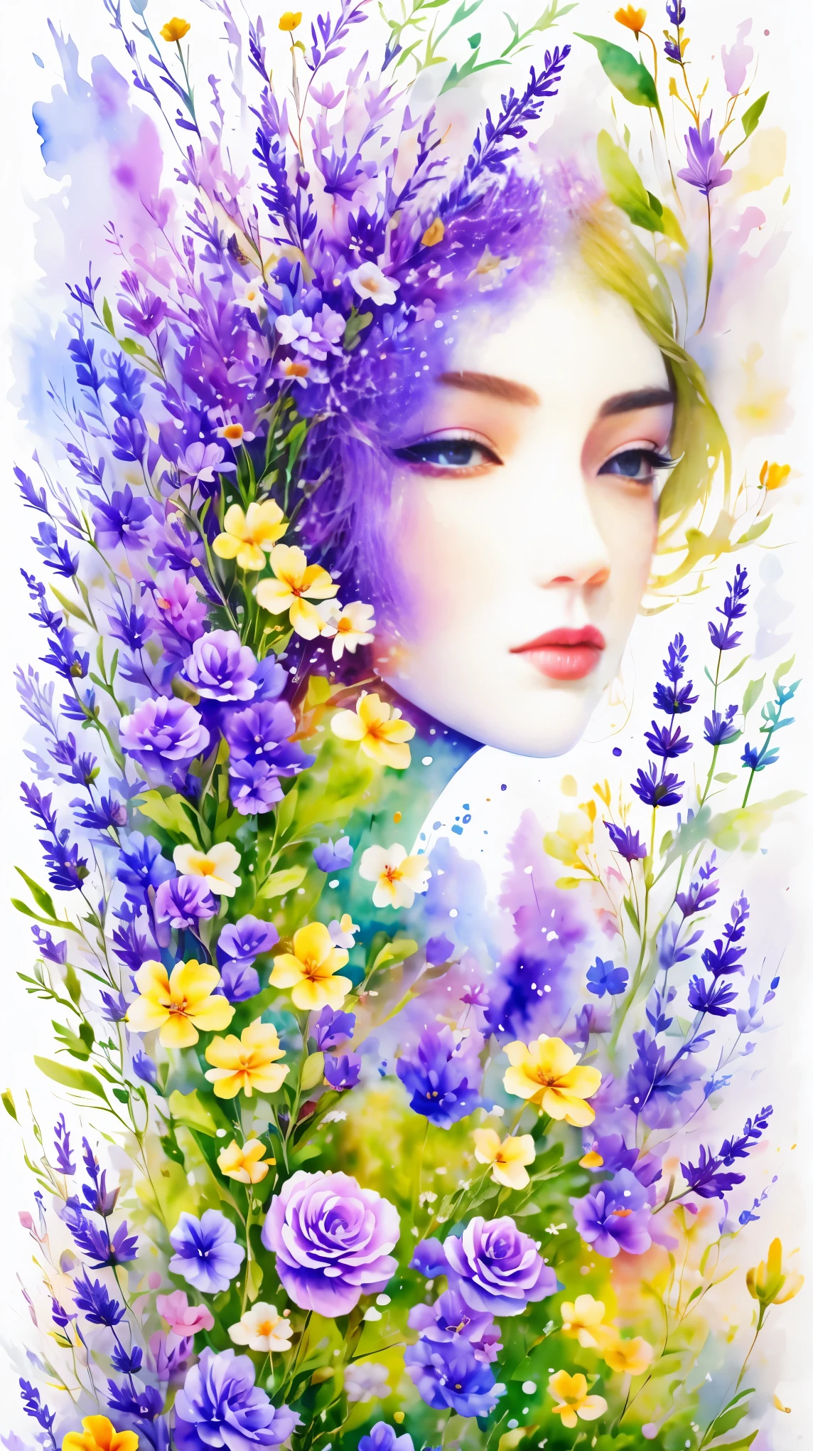 (masterpiece, best quality:1.2), Watercolor flower paintings present a delicate and refreshing visual effect. Wildflowers and lavender fields,The perfect combination of nature and romance. The screen is dominated by a white background, Highlight isolated watercolor flower. Splash technology recreates humid environments, Create a vague and dreamy atmosphere. The unique composition and abstract expression add an artistic touch to the picture, Contains elements of surrealism. The overall color tone is mainly light colors, Light purple and green complement each other, Show high-resolution details. The splash effect adds a sense of agility to the image, The light colors give the flowers a deep and restrained beauty.