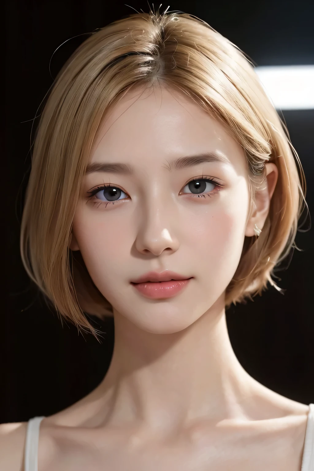 High resolution、、no makeup、long neck、８ｋ、Close-up image of a face、high nose、long jaw、narrow eyes、white skin、intellectual beauty、clear eyes、transparent skin、daily life、smile、real photos、thin lips、National beautiful girl、shortcut、blonde hair